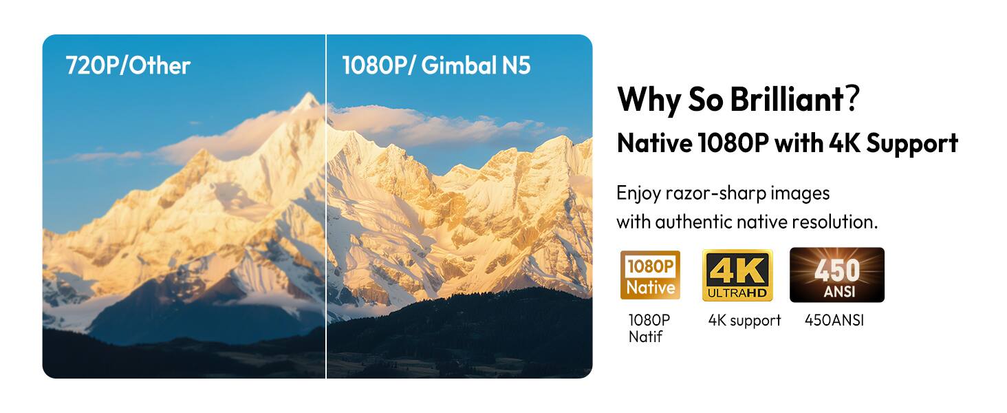 720P/Other

1080P/Gimbal N5

Why So Brilliant?

Native 1080P with 4K Support

Enjoy razor-sharp images with authentic native resolution.

1080P Native
4K ULTRAHD
450 ANSI

1080P Natif
4K support
450ANSI