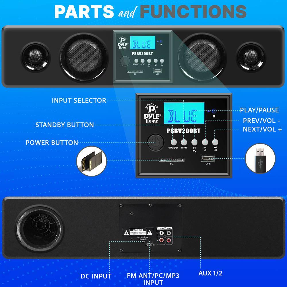 **PARTS and FUNCTIONS**

- **INPUT SELECTOR**
- **STANDBY BUTTON**
- **POWER BUTTON**

- **PLAY/PAUSE**
- **PREV/VOL -**
- **NEXT/VOL +**

- **DC INPUT**
- **FM ANT/PC/MP3 INPUT**
- **AUX 1/2**

**PYLE HOME PSBV200BT**