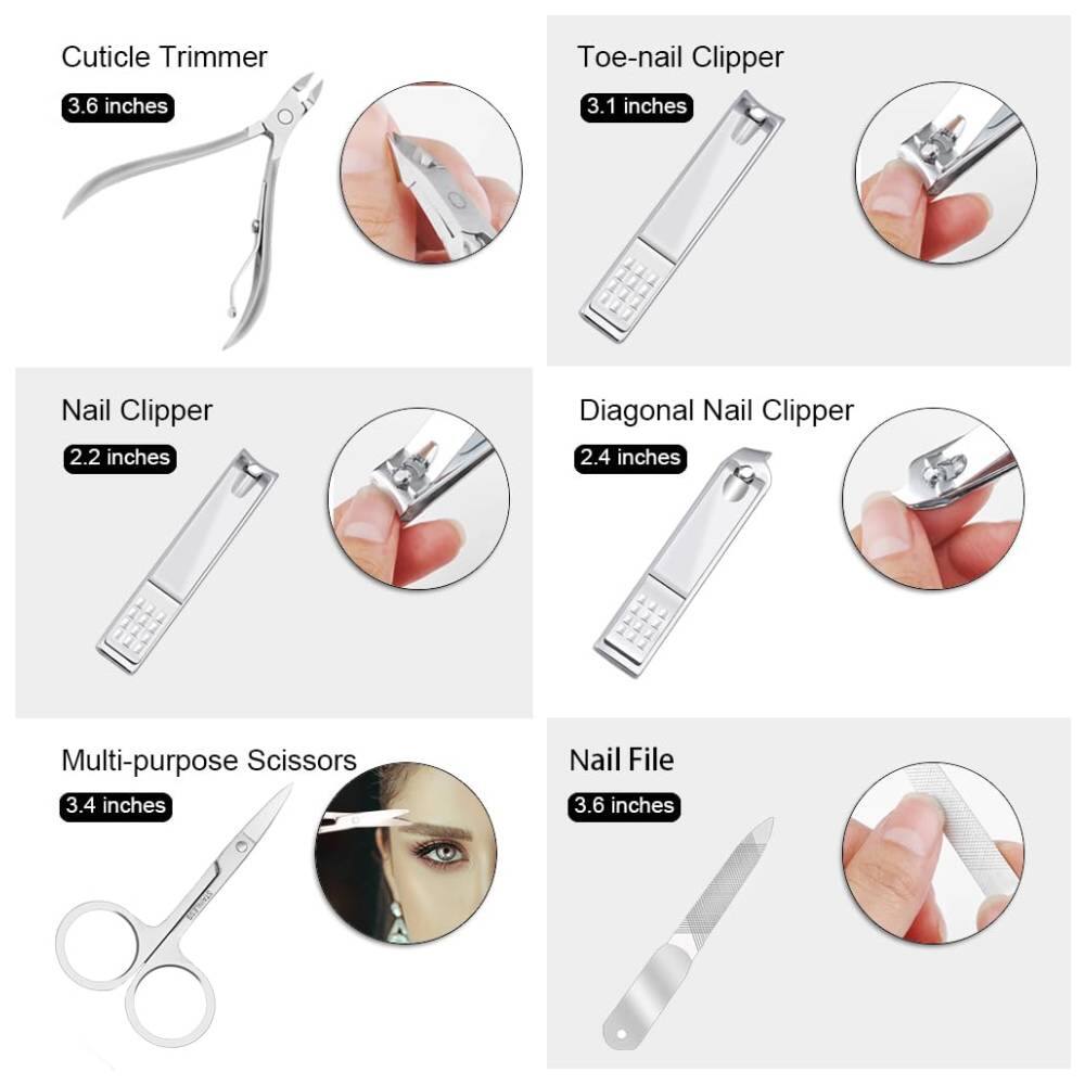 Cuticle Trimmer  
3.6 inches  

Toe-nail Clipper  
3.1 inches  

Nail Clipper  
2.2 inches  

Diagonal Nail Clipper  
2.4 inches  

Multi-purpose Scissors  
3.4 inches  

Nail File  
3.6 inches