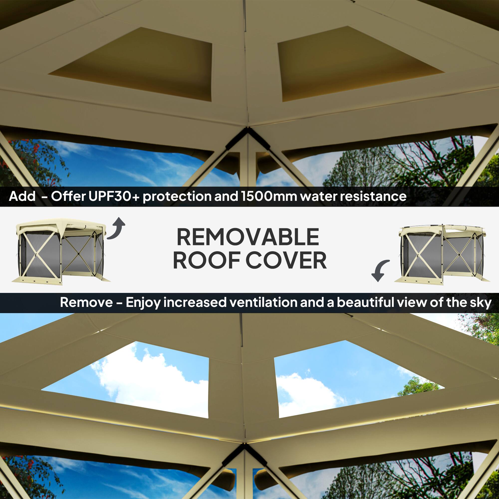 Add - Offer UPF30+ protection and 1500mm water resistance

REMOVABLE ROOF COVER

Remove - Enjoy increased ventilation and a beautiful view of the sky