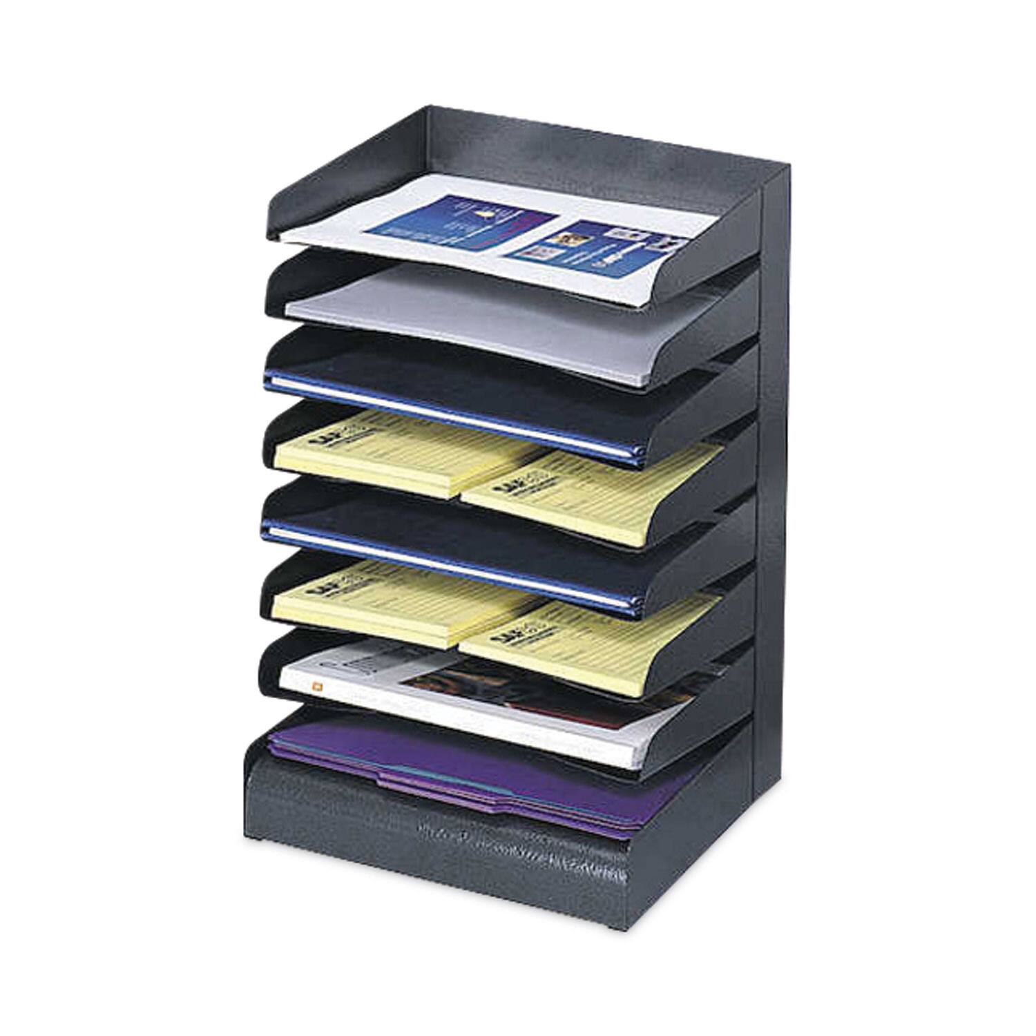 Angle. Safco - Safco Slanted Shelves Steel Desk Tray Sorter 8 Tier Desktop Durable Powder Coated Black Steel - Black.