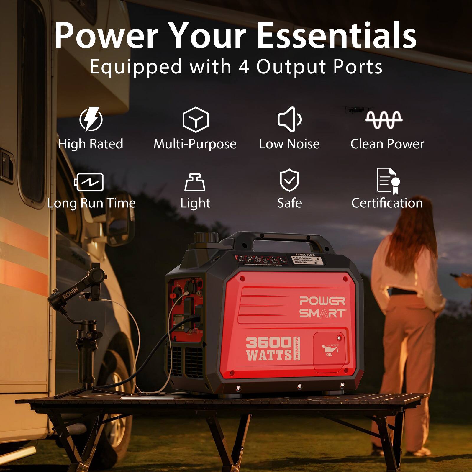 Power Your Essentials  
Equipped with 4 Output Ports  
High Rated  
Multi-Purpose  
Low Noise  
Clean Power  
Long Run Time  
Light  
Safe  
Certification  

RONIN POWER SMART 3600 WATTS INVERTER