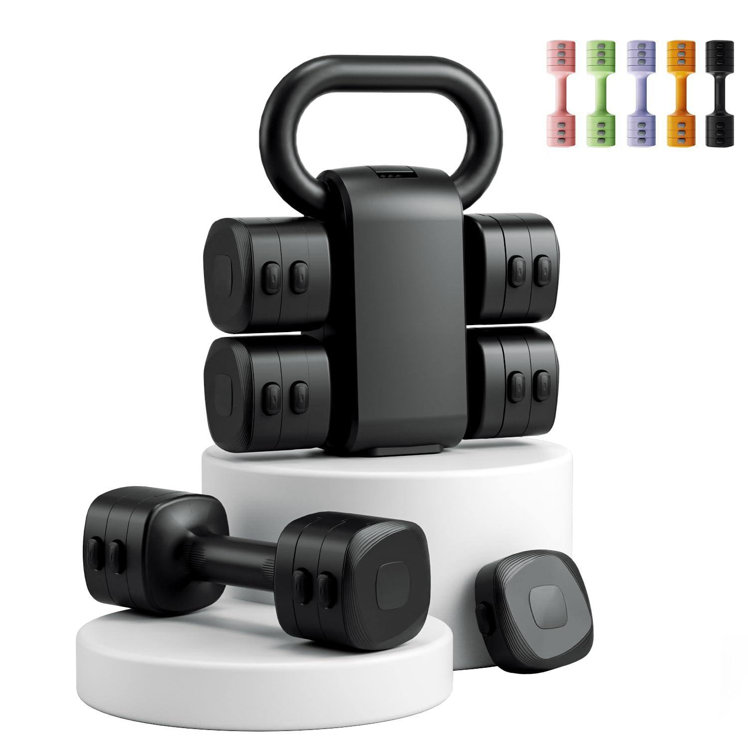 Front. Refined Abode Design - Lightweight Adjustable Dumbbell Kettlebell Set 1 Free Weight With Grip Converter Each 2 2 3 3 4 4 5 Quick - Black.