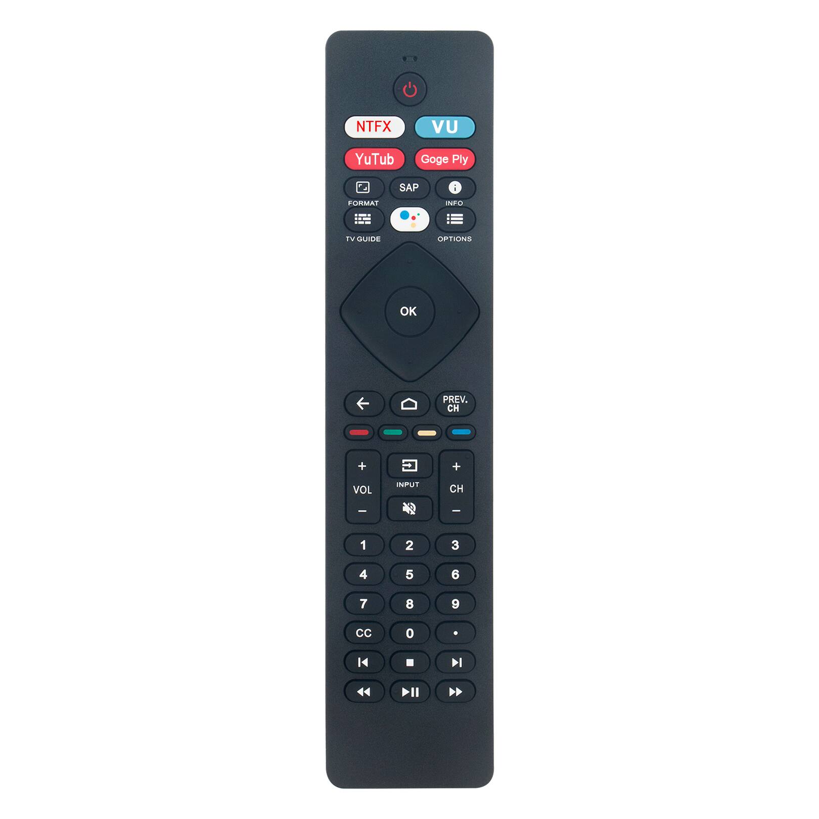 NTFX VU  
YouTube  
Google Play  
SAP  
FORMAT  
TV GUIDE  
INFO  
OPTIONS  
OK  
PREV.  
CH +  
CH -  
VOL +  
VOL -  
INPUT  
1  
2  
3  
4  
5  
6  
7  
8  
9  
0  
CC  
DI  
II