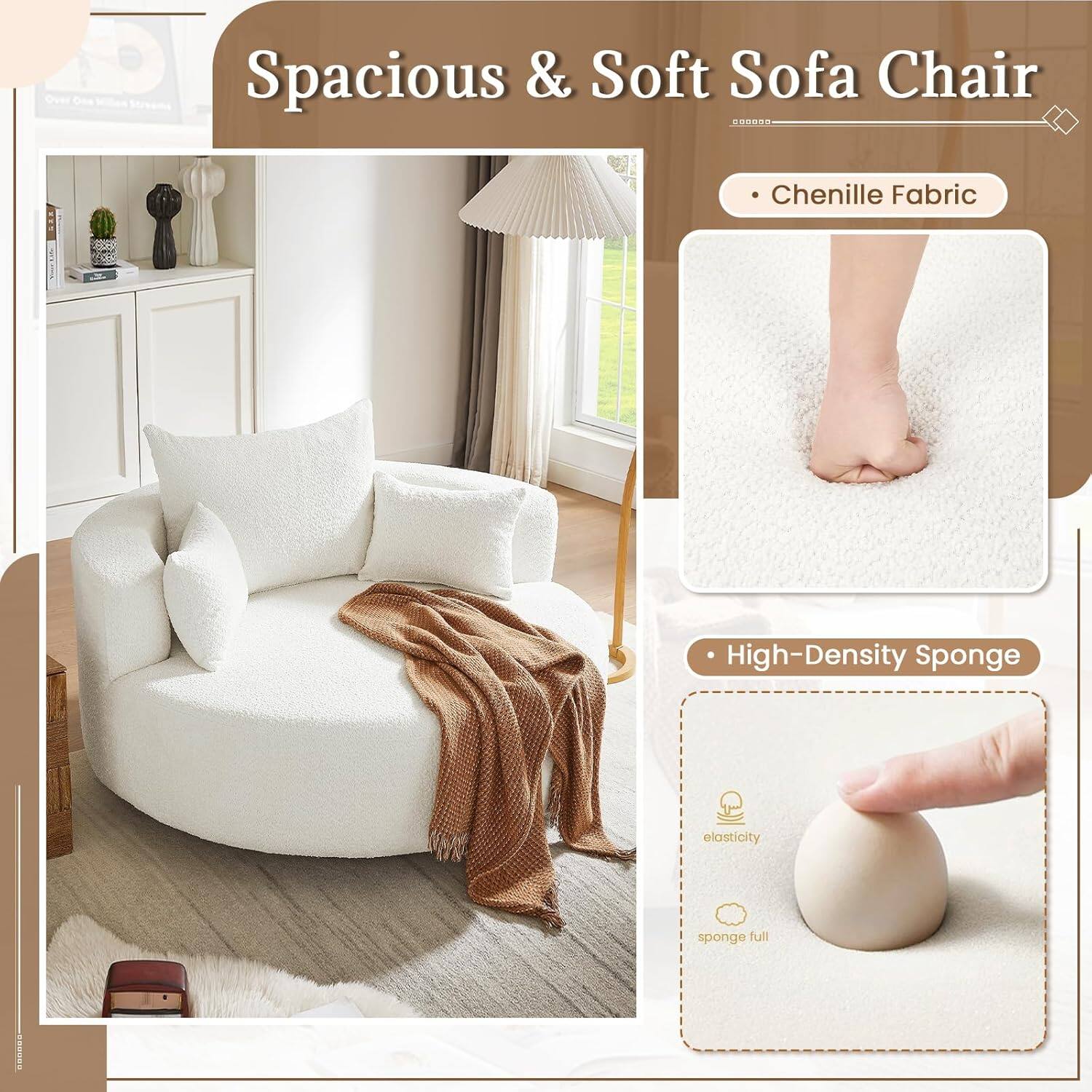 Spacious & Soft Sofa Chair

- Chenille Fabric
- High-Density Sponge

elasticity
sponge full