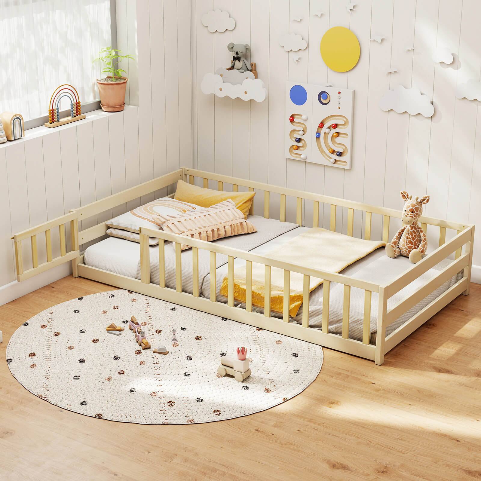 Alt View 1. Costway - Costway Twin Size Floor Bed with Door & Fence with Safety Guardrails & Slats Support - Beige.