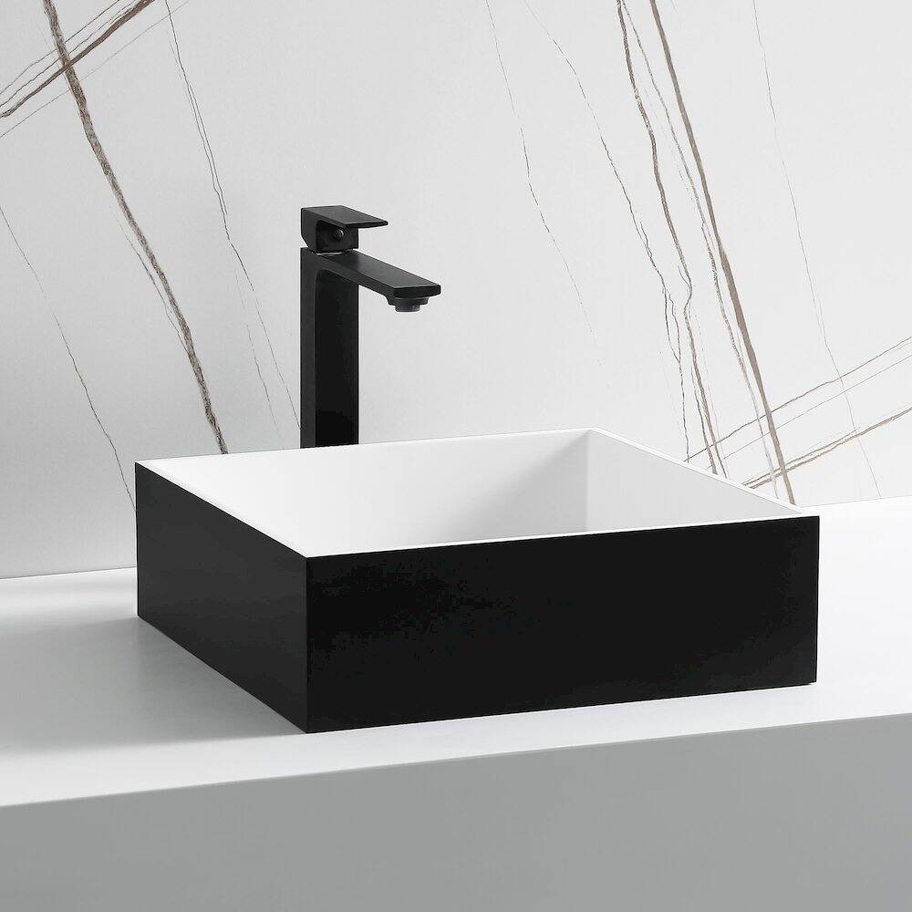 Left. Alfi - Black Matte 14" Square Solid Surface Resin Sink - Black.