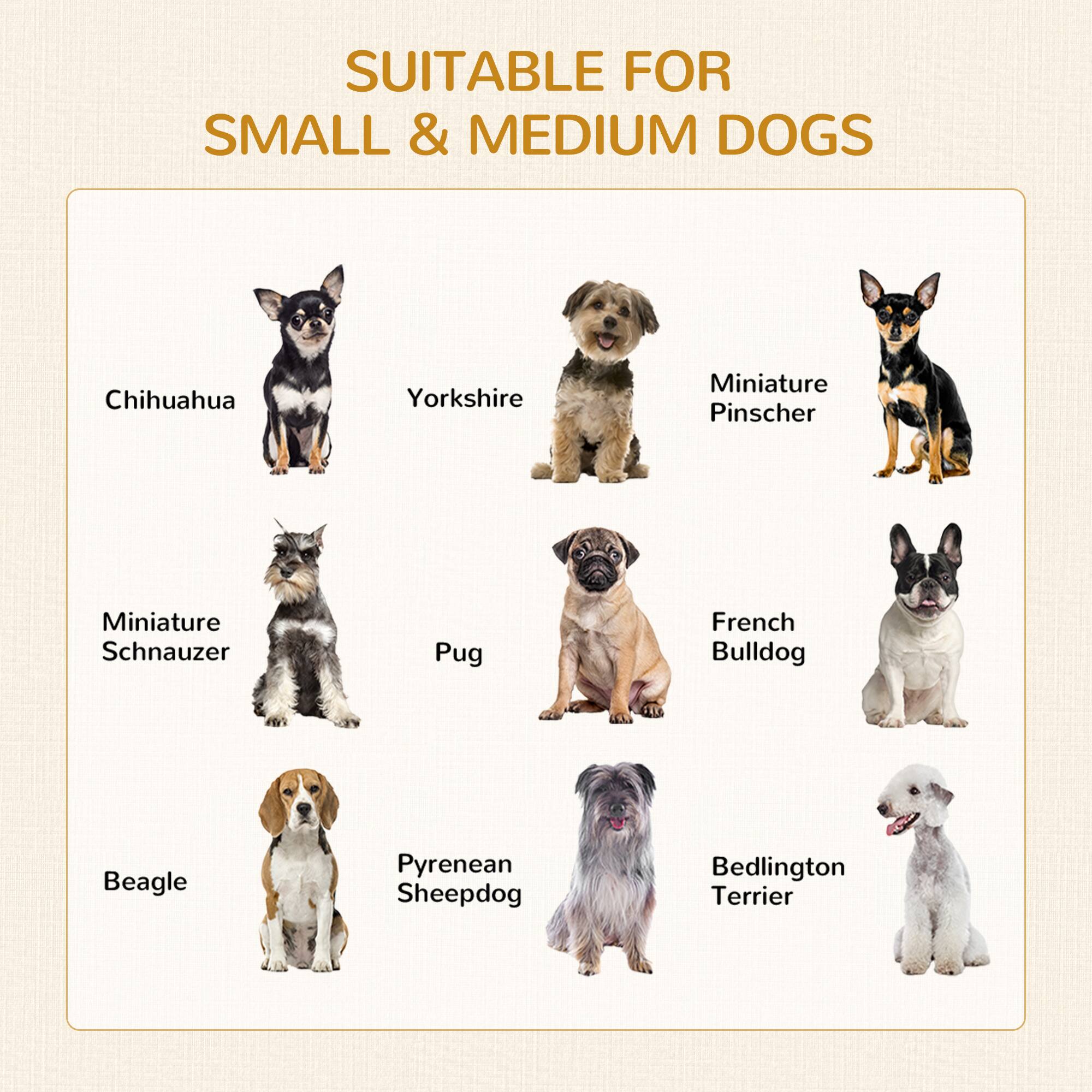 SUITABLE FOR SMALL & MEDIUM DOGS

- Chihuahua
- Yorkshire
- Miniature Pinscher
- Miniature Schnauzer
- Pug
- French Bulldog
- Beagle
- Pyrenean Sheepdog
- Bedlington Terrier