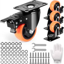 VEVOR - Caster Wheels, 3-inch Swivel Plate Casters, Set of 4, with Security A/B Locking No Noise PVC Wheels - Black;Orange