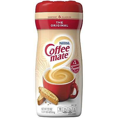 COMFORT CLASSICS  
THE ORIGINAL  

Nestlé  
Coffee mate  

POWDERED CREAMER  

NET WT 22 OZ (1.37 LB) 623.6 g  

10 PER 0.5, 5 L canPa  

PER 1 TSP  
Calories 10  
Fat 0.5 g  
Sodium 5 mg  
Total Carbohydrate 2 g  
Protein 0 g  

COMFORT CLASSICS  
COMFORTED CREAMER