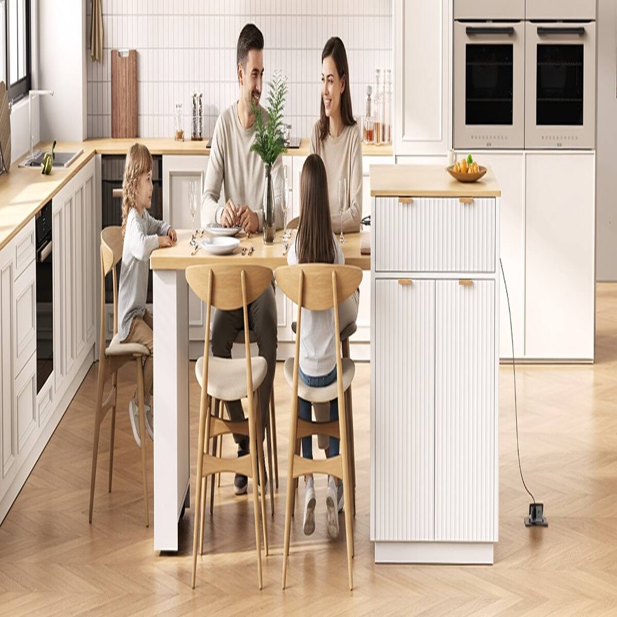 Alt View 2. Loheer - White Fluted Kitchen Island with Extendable Dining Table, 82.6-Inch Rectangular Island with Power Outlet - White.