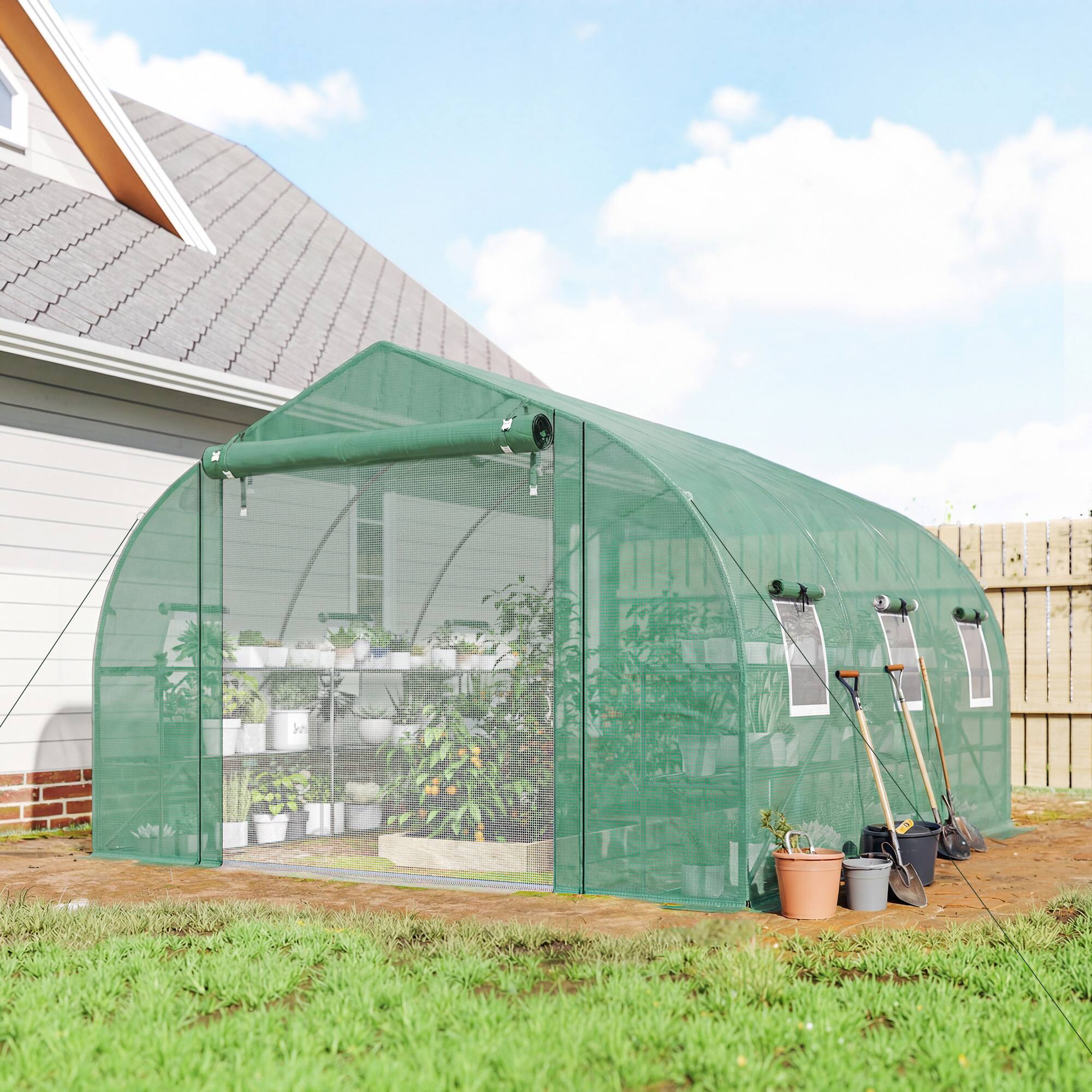 Alt View 1. Outsunny - Walk-in Tunnel Greenhouse with Shelves, Mesh Door and Windows - Green.
