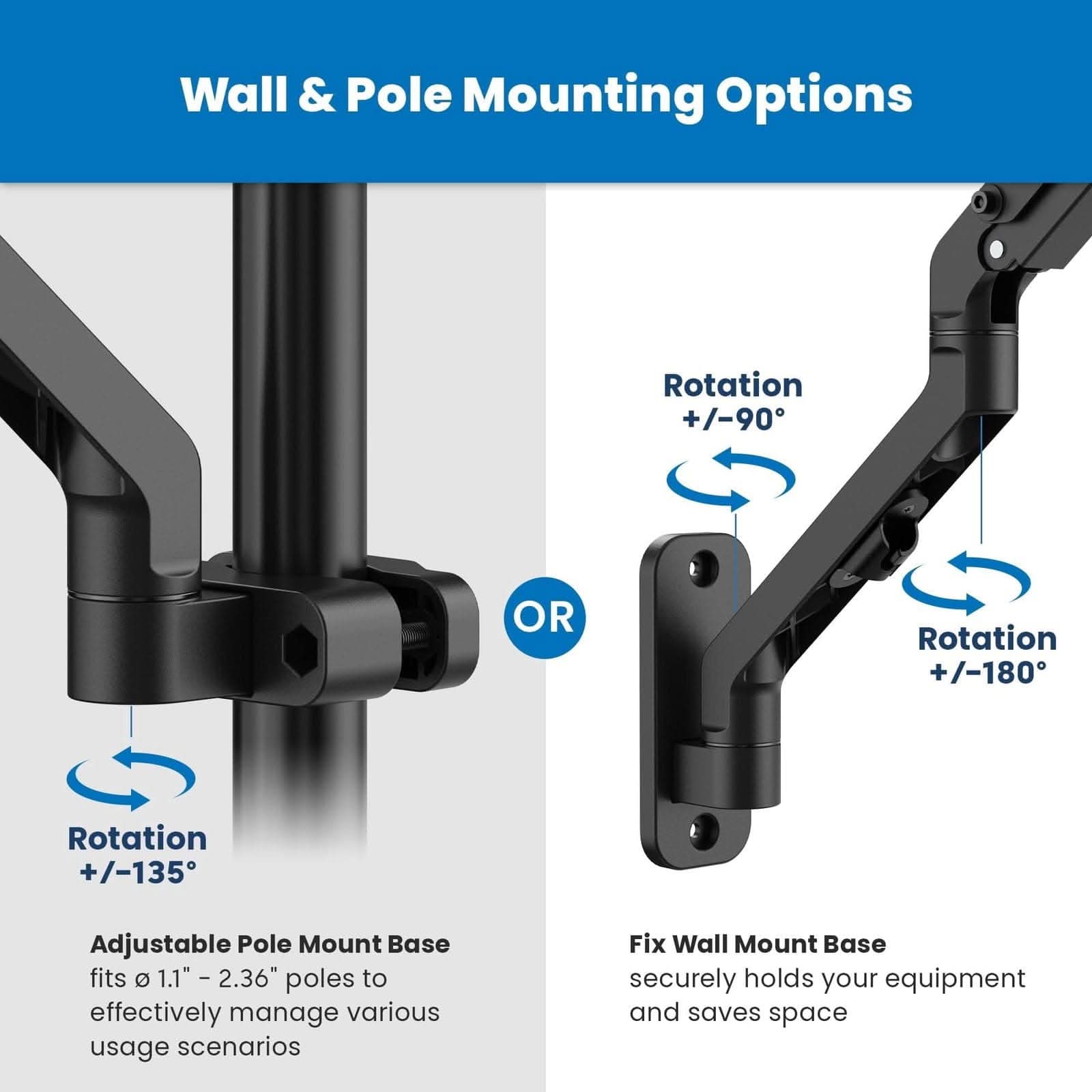 Wall & Pole Mounting Options

Rotation +/-90° OR Rotation +/-180°

Rotation +/-135°

Adjustable Pole Mount Base fits 1.1" - 2.36" poles to effectively manage various usage scenarios

Fix Wall Mount Base securely holds your equipment and saves space