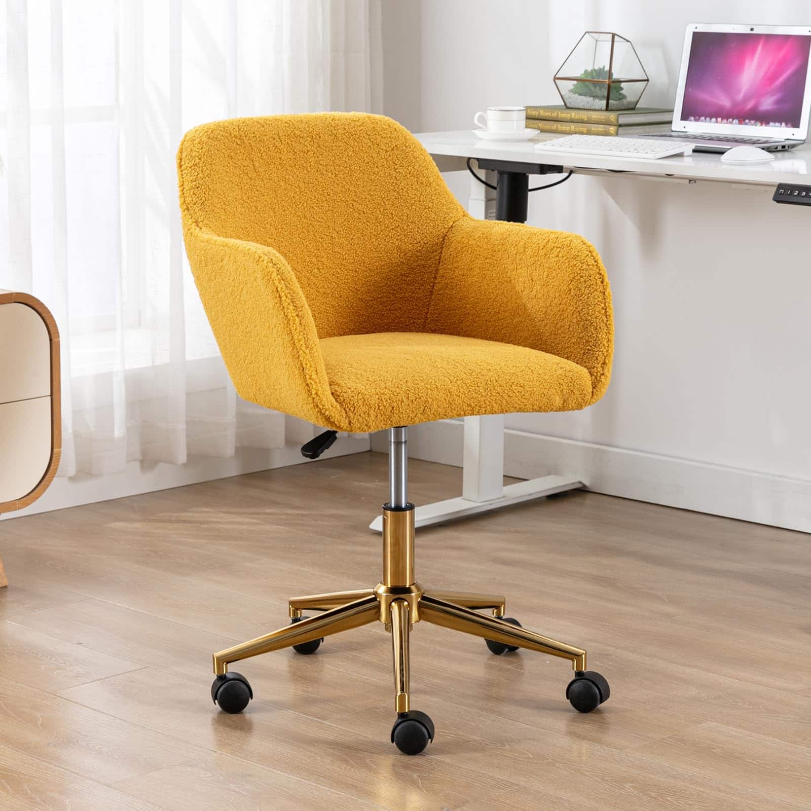 Ecooso - Modern Teddy Fabric Material Adjustable Height 360 Revolving Home Office Chair With Gold Metal Legs ,Yellow - Yellow Teddy