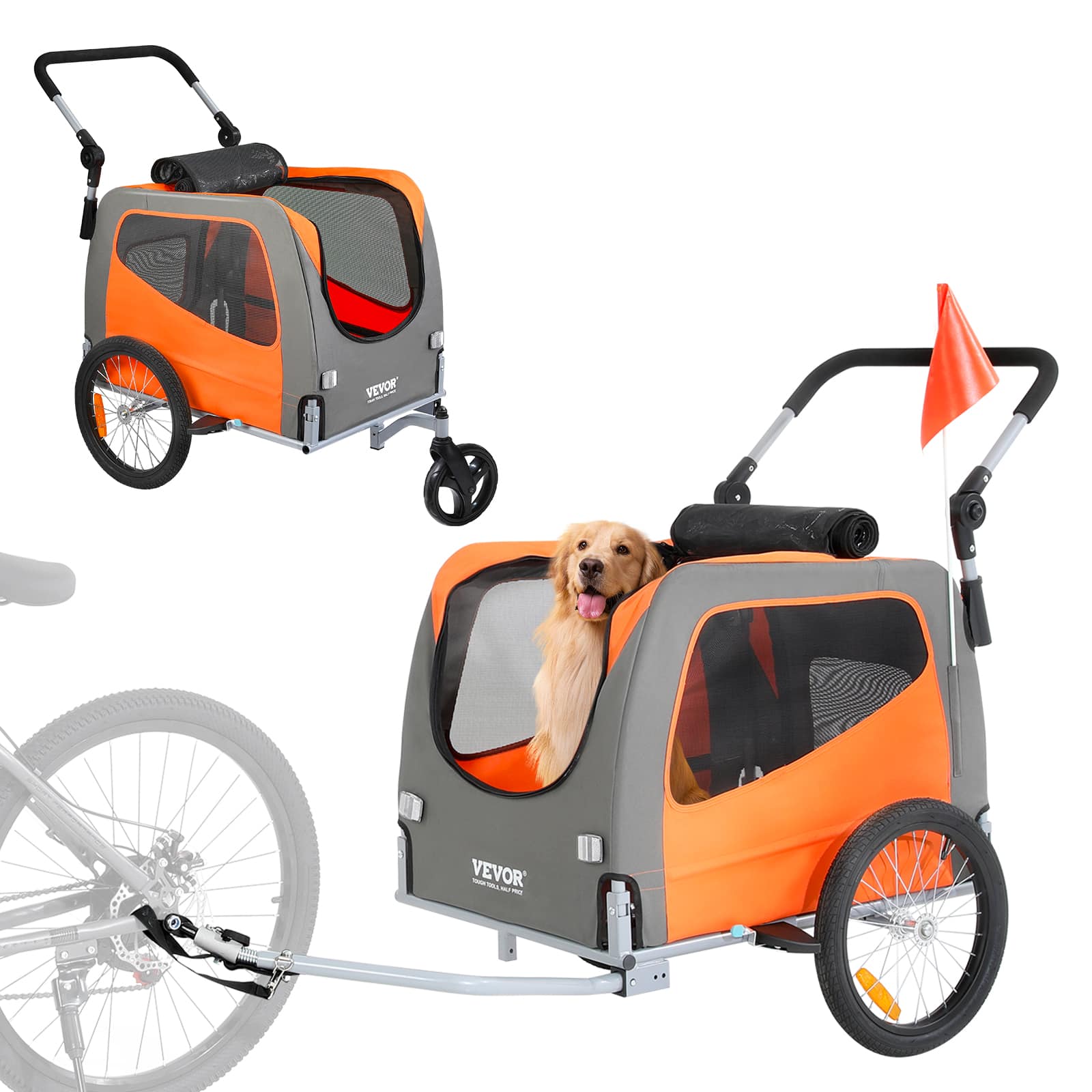 VEVOR - Dog Bike Trailer, Supports up to 66 lbs, 2-in-1 Pet Stroller Cart Bicycle Carrier, Easy Folding Cart Frame - Orange + Gray