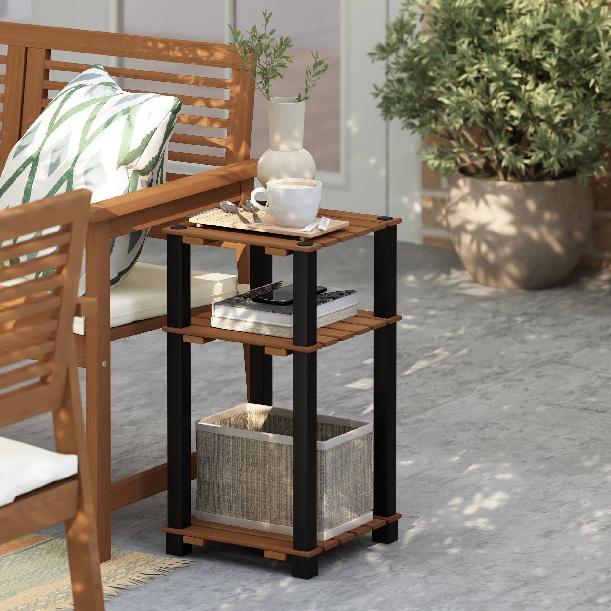 Alt View 5. Furinno - Pangkor 3-Tier Turn-N-Tube Indoor Outdoor Plant Shelf Wood Side Table with Square Poles - Natural/Black.