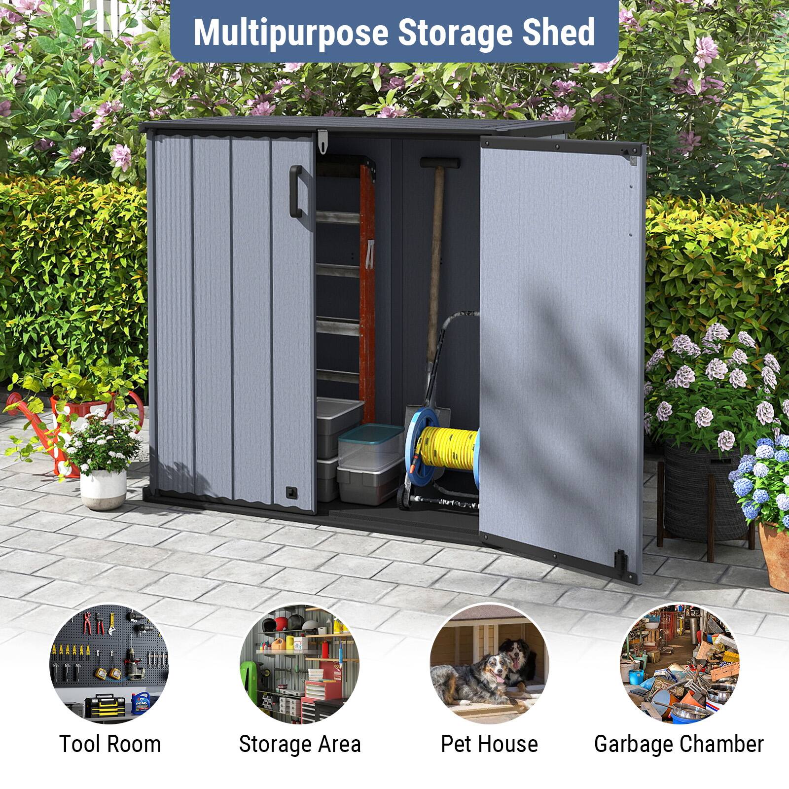 Multipurpose Storage Shed

- Tool Room
- Storage Area
- Pet House
- Garbage Chamber
