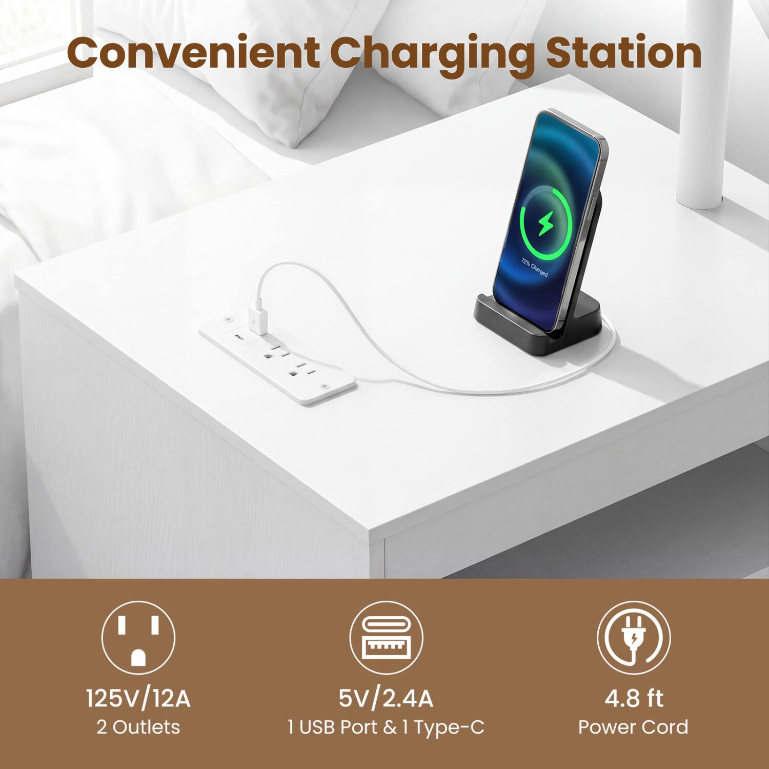 Convenient Charging Station

72% Charged

125V/12A 2 Outlets

5V/2.4A 1 USB Port & 1 Type-C

4.8 ft Power Cord