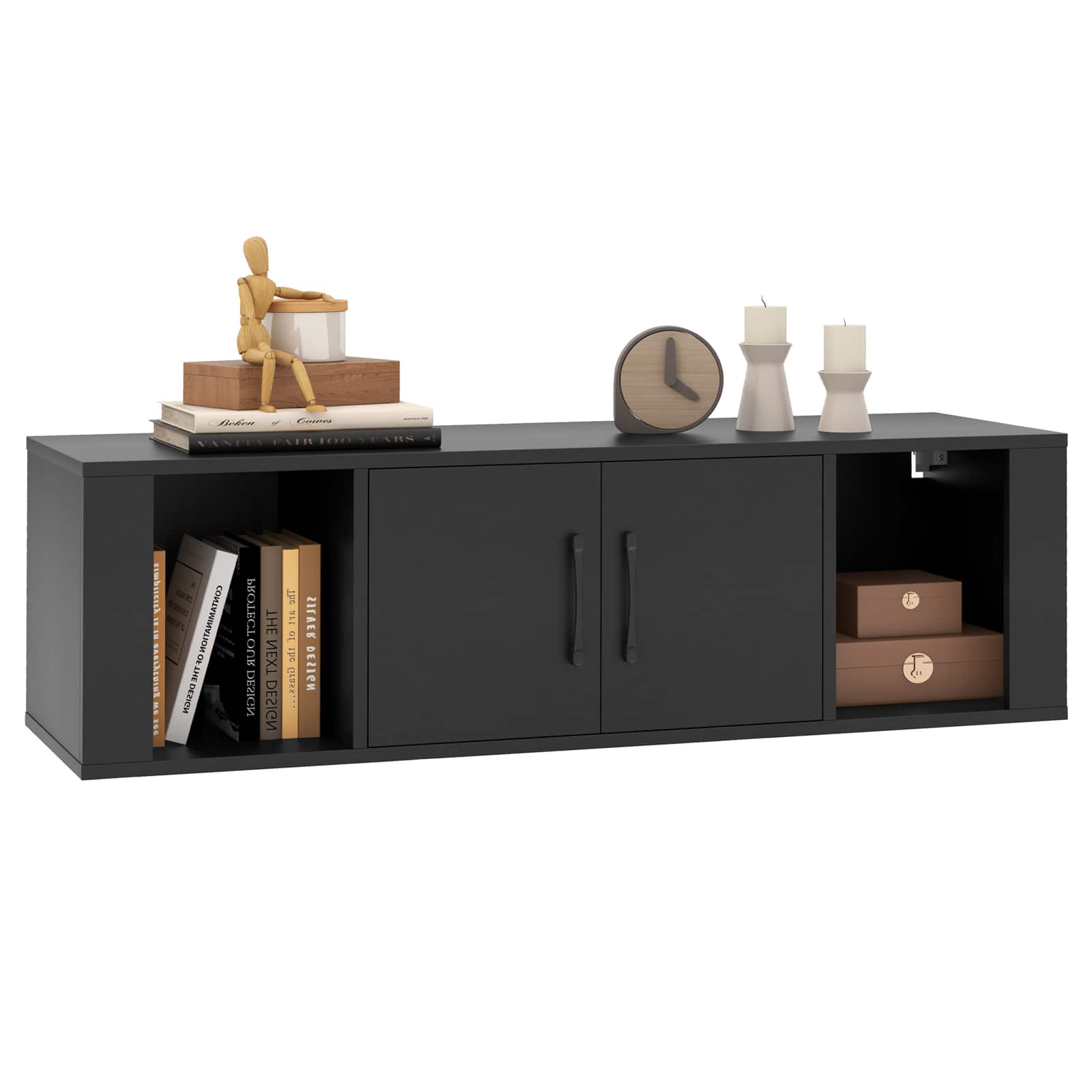 Ecooso - Wall Mounted Floating 2 Door Desk Hutch Storage Shelves - Black