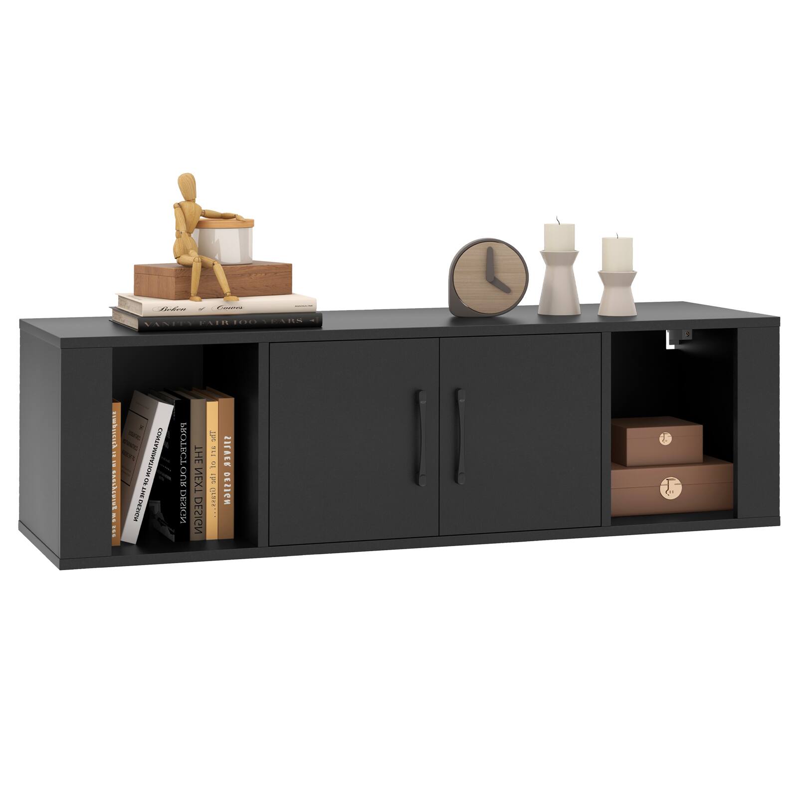 Ecooso - Wall Mounted Floating 2 Door Desk Hutch Storage Shelves - Black