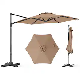 Costway - 10 FT Patio Cantilever Umbrella with 360° Rotation, Air Vent, Cross Base Included - Brown