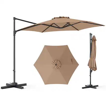 Front. Costway - Costway 10 FT Patio Cantilever Umbrella with 360° Rotation, Air Vent, Cross Base Included - Brown.
