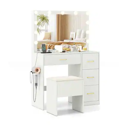 Front. Kadyn - Vanity Desk - Lighted Mirror, Makeup Dressing Table, Built-In Power Outlets - White - White.