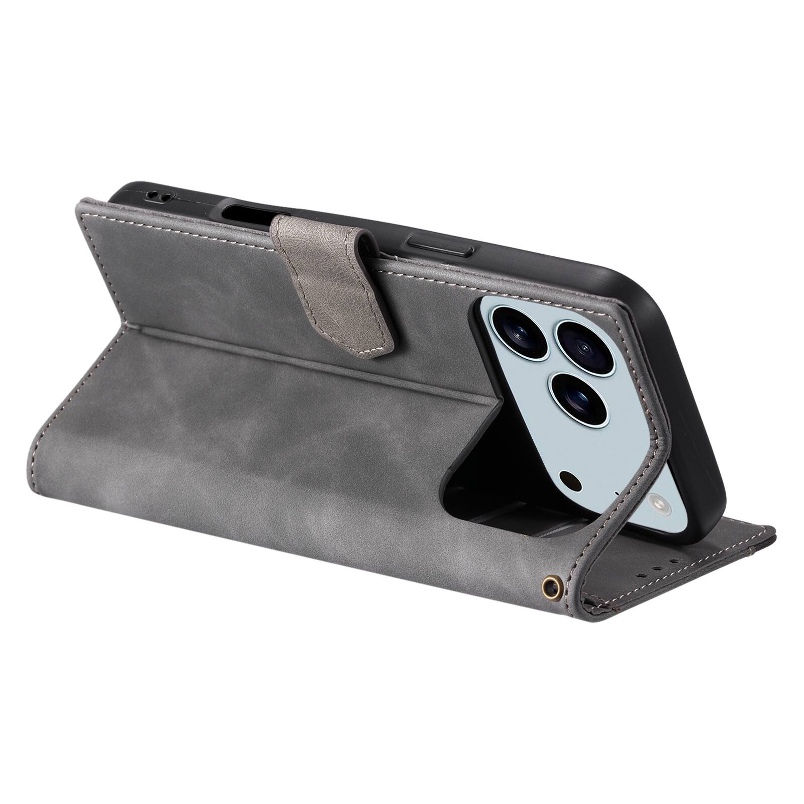 Back. Dteck - Wallet Case for Apple iPhone 17 Pro Max,Vintage PU Leather Flip Card Holder Kickstand Magnetic Closure Phone Cover - Gray.