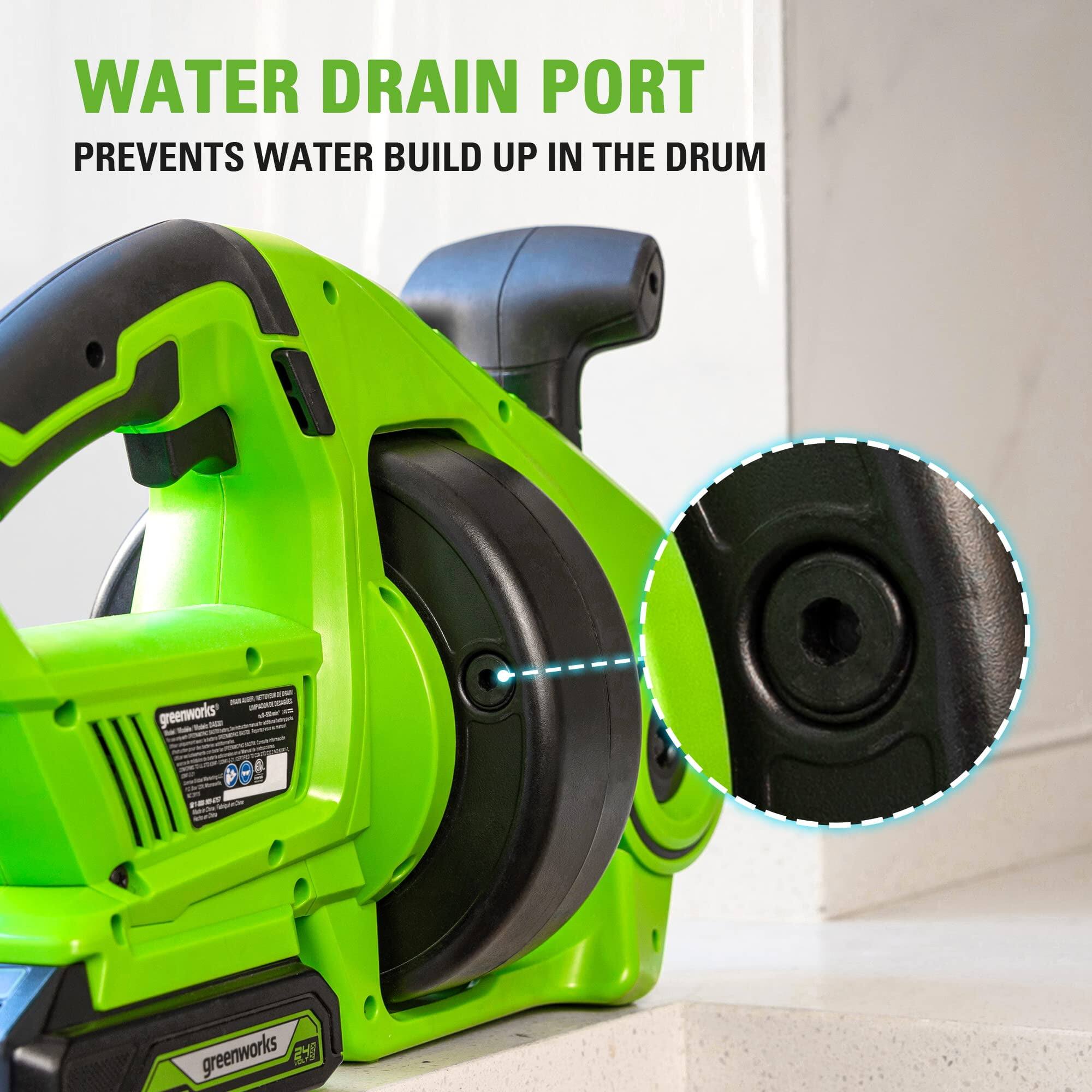 WATER DRAIN PORT  
PREVENTS WATER BUILD UP IN THE DRUM  

greenworks  
24 57