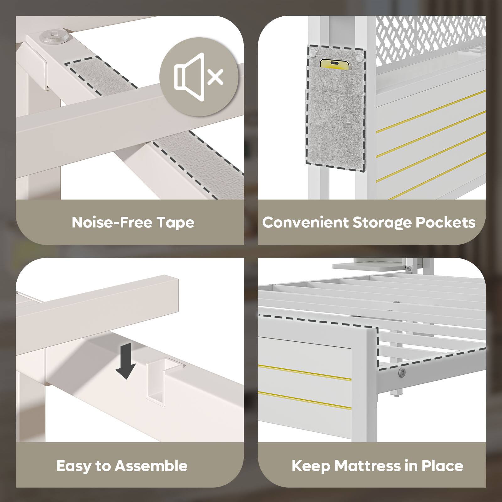The text on the image can be grouped as follows:

1. Noise-Free Tape
2. Convenient Storage Pockets
3. Easy to Assemble
4. Keep Mattress in Place