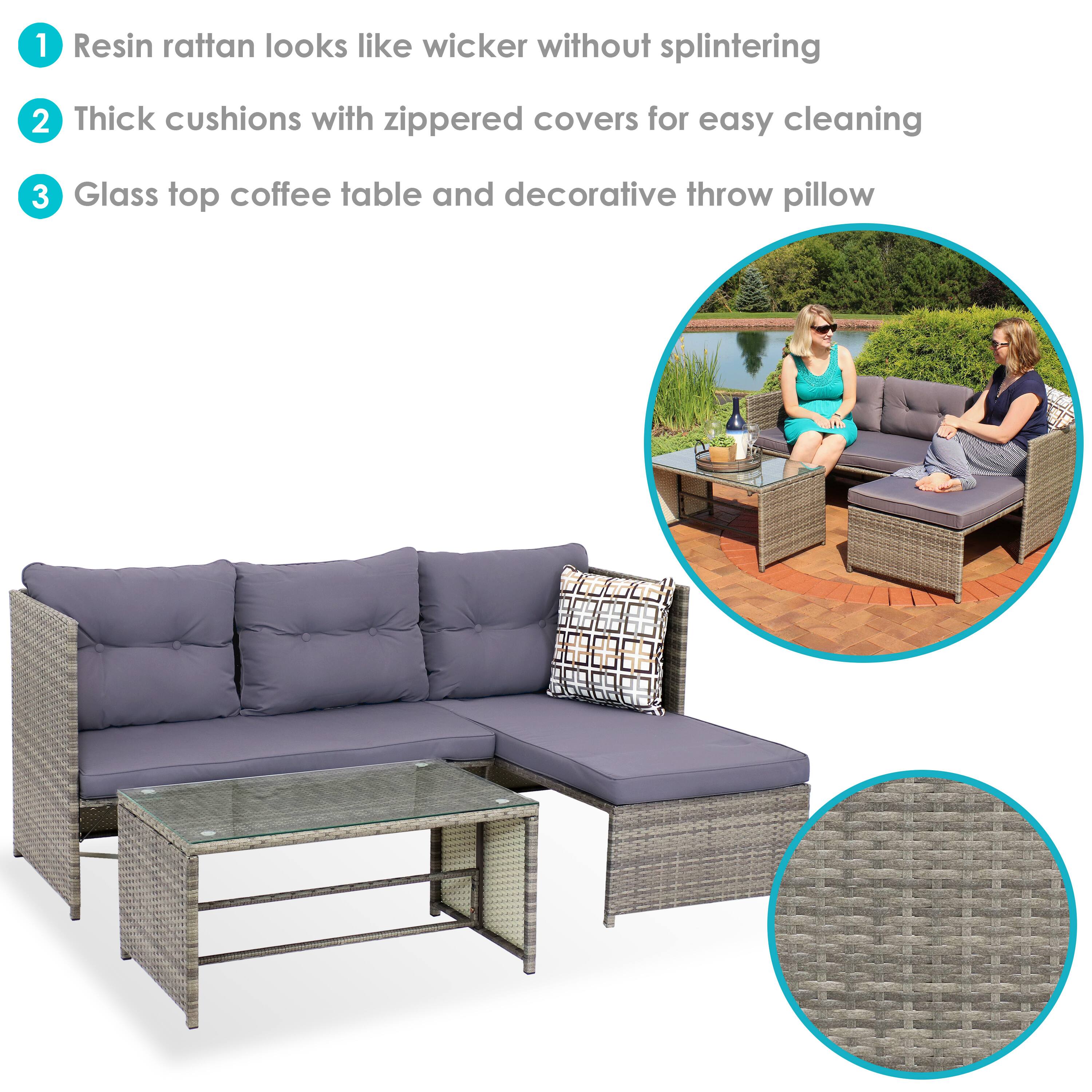 1. Resin rattan looks like wicker without splintering  
2. Thick cushions with zippered covers for easy cleaning  
3. Glass top coffee table and decorative throw pillow