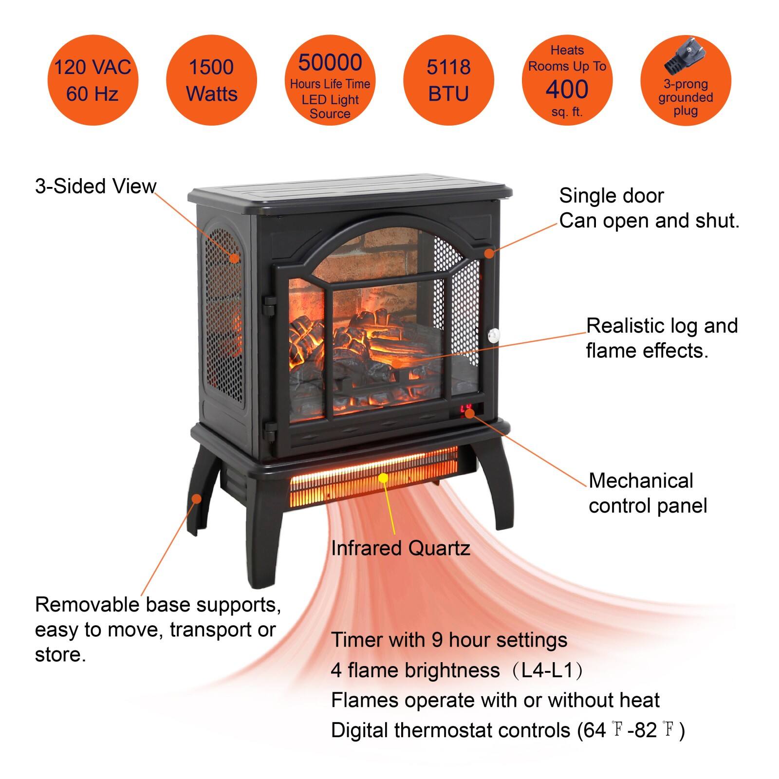 - 120 VAC 60 Hz
- 1500 Watts
- 50000 Hours Life Time LED Light Source
- 5118 BTU
- Heats Rooms Up To 400 sq. ft.
- 3-prong grounded plug
- 3-Sided View
- Single door Can open and shut.
- Realistic log and flame effects.
- Mechanical control panel
- Infrared Quartz
- Timer with 9 hour settings
- 4 flame brightness (L4-L1)
- Flames operate with or without heat
- Digital thermostat controls (64 F -82 F)
- Removable base supports, easy to move, transport or store.