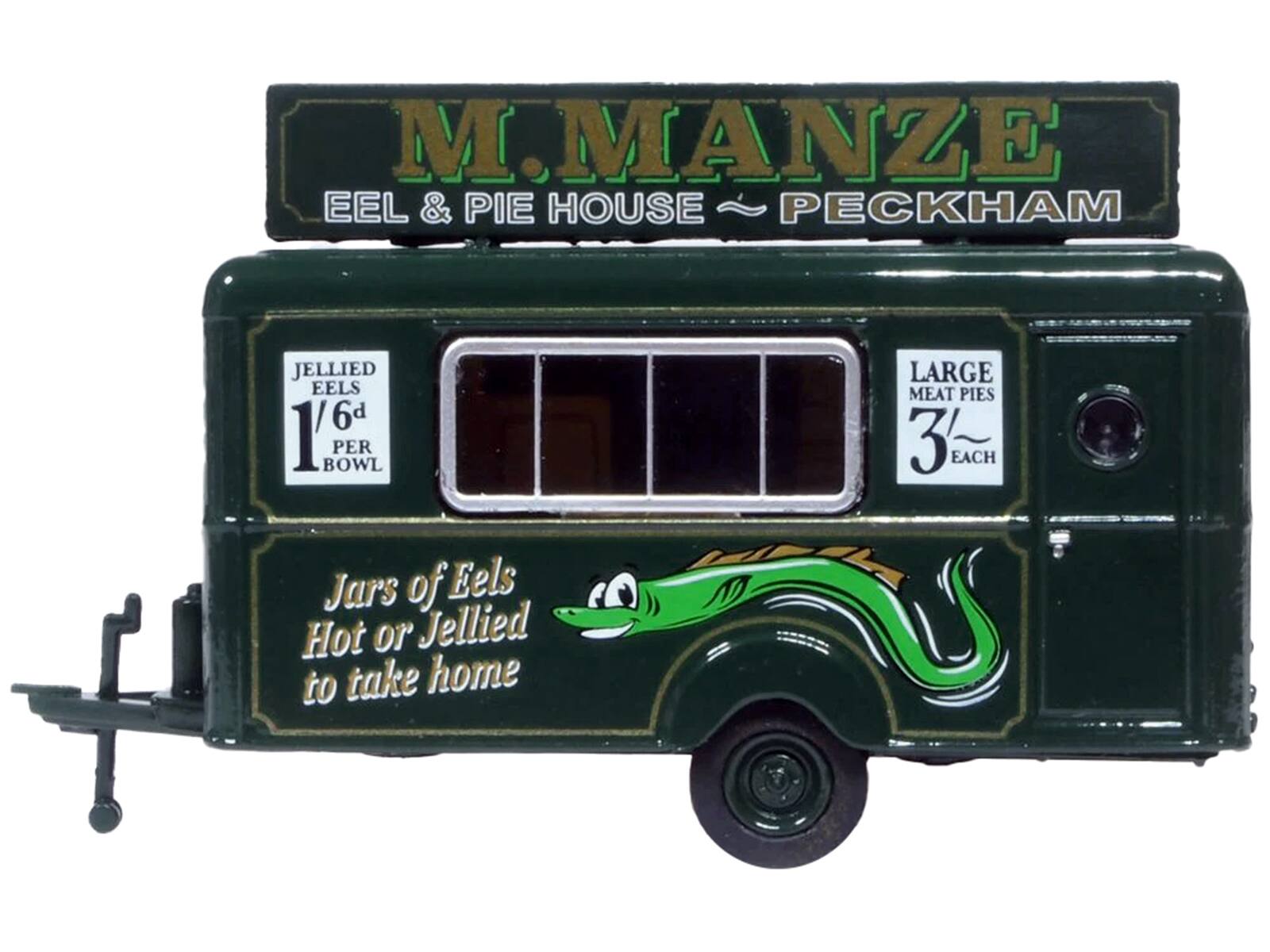 M. MANZE  
EEL & PIE HOUSE ~ PECKHAM  

JELLIED EELS  
1½ / 6d PER BOWL  

LARGE MEAT PIES  
3½ EACH  

Jars of Eels Hot or Jellied to take home