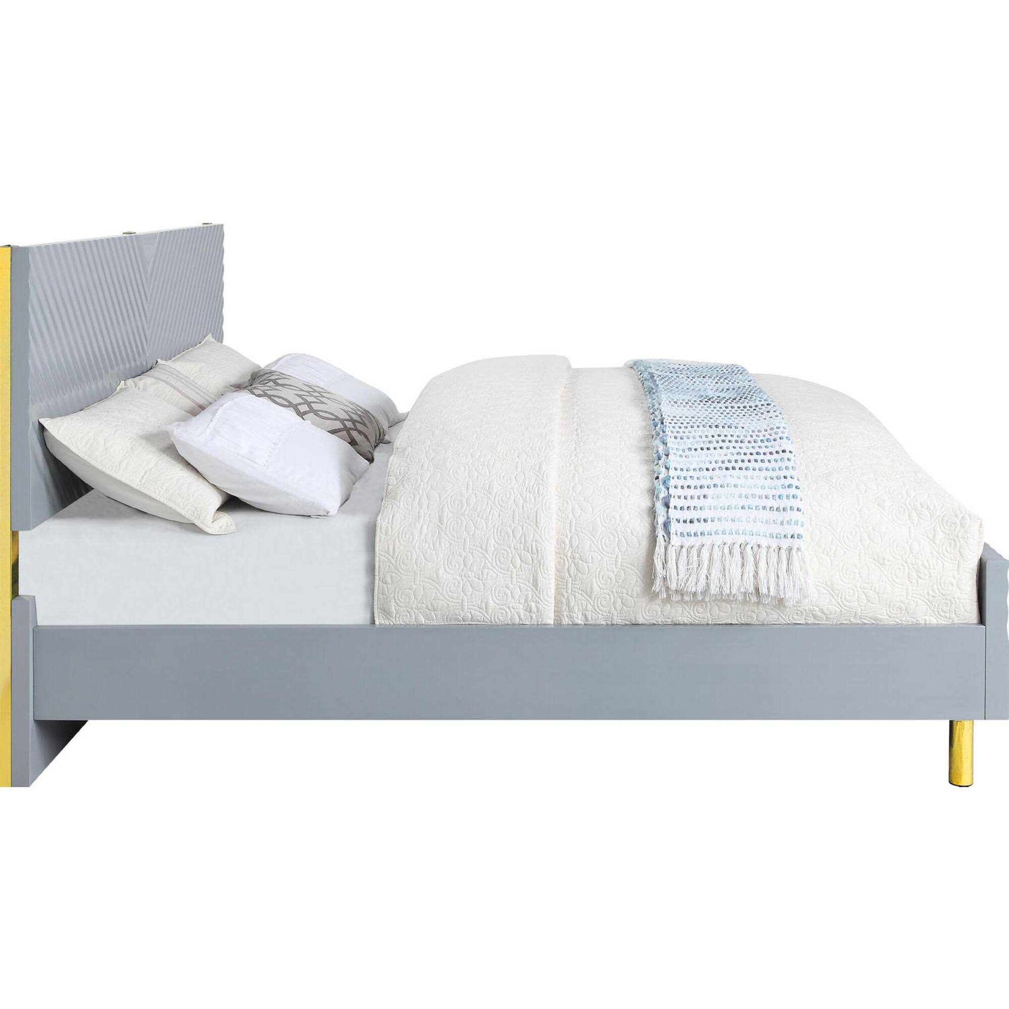 Alt View 2. Manhattan Lane - Tyra Modern King Bed, Panel Headboard, Luxury Textured Chevron, Gray, Gold - Gray, Gold.