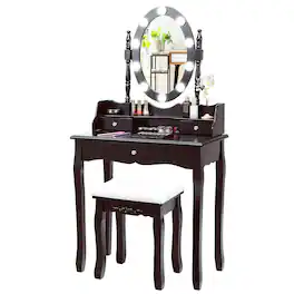 Ecooso - Oval Mirror Vanity Table with LED Lighting and Deep Drawers for Jewelry and Cosmetics - Brown