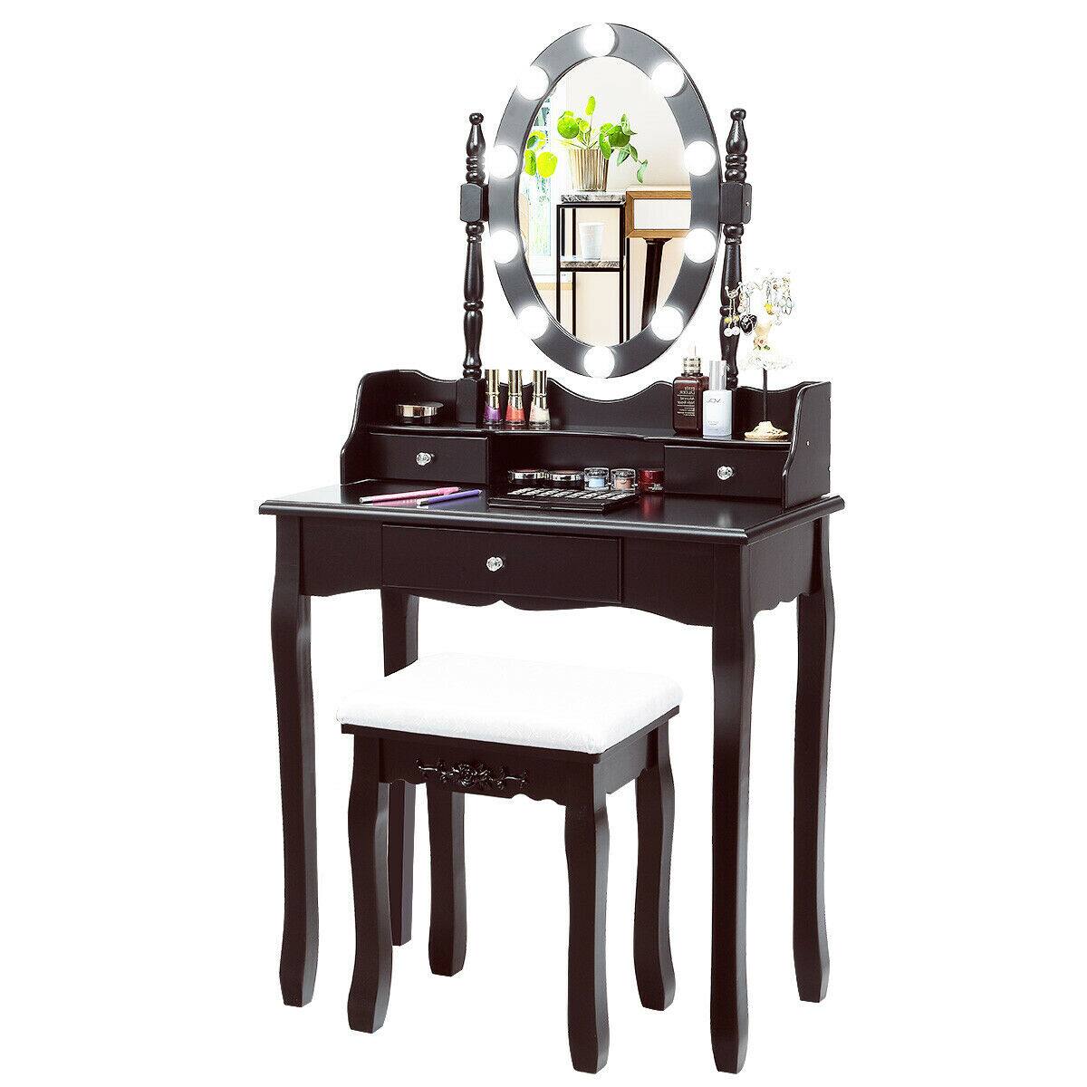 Front. Ecooso - Oval Mirror Vanity Table with LED Lighting and Deep Drawers for Jewelry and Cosmetics - Brown.