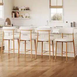 Whisen - Modern Counter Height Bar Stools Set of 4, Upholstered Chairs with Metal Legs for Kitchen Island - Wood-Grain