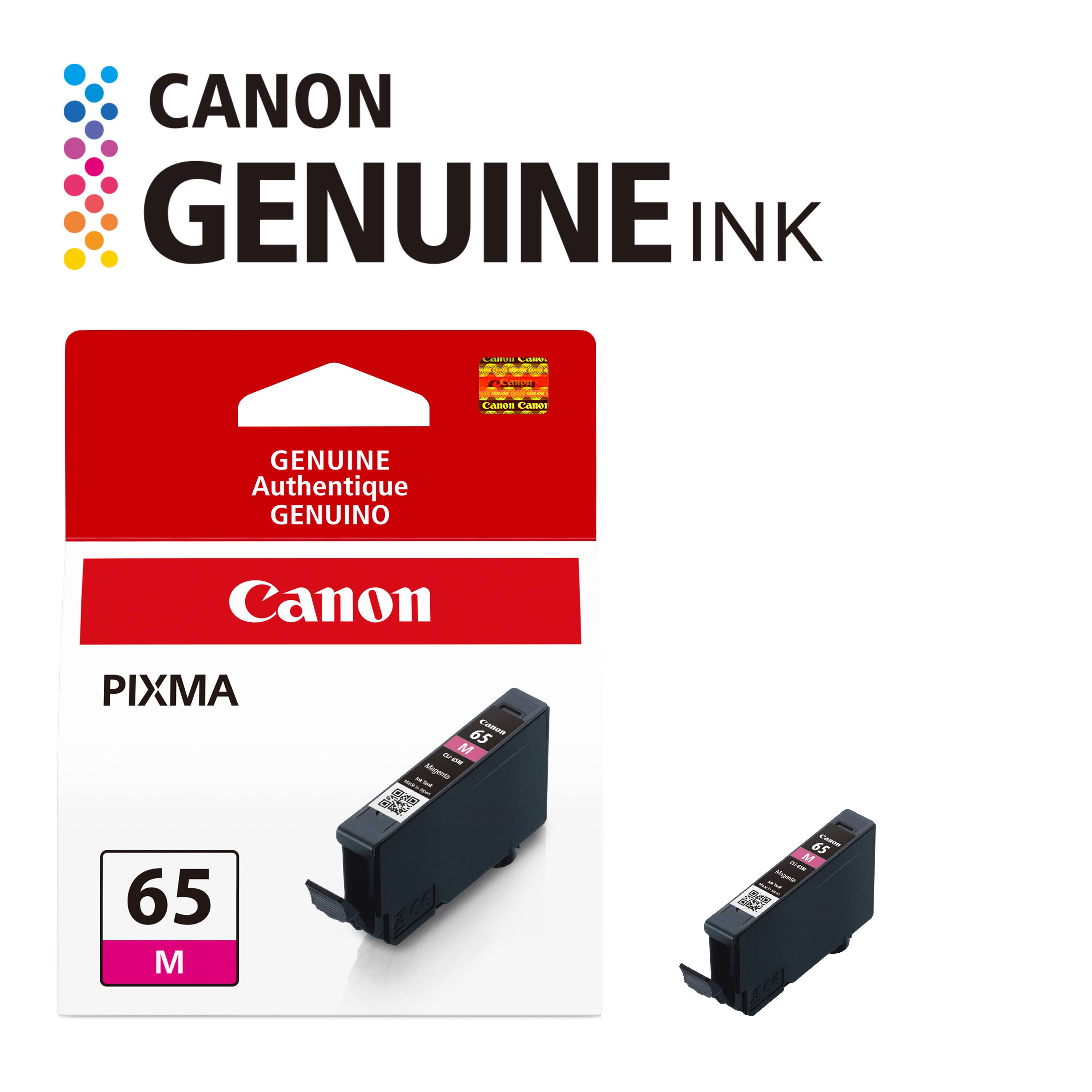 CANON GENUINE INK

Cativa Crass ORDOS
CAUNT
VOGUM
Canon Canor
GENUINE Authentique GENUINO
Canon
PIXMA 65 M
65   M ICOA - 3 Magesta Def and 
65 Cassum CHAN M - - MAERTO 35%