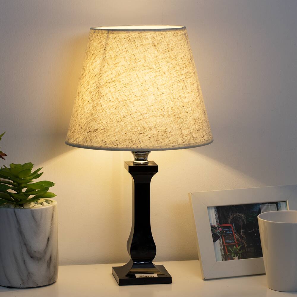 Back. Oumilen - Black Acrylic Table Lamp with Linen Shade, Square Base, E26 Socket & 67In Cord.