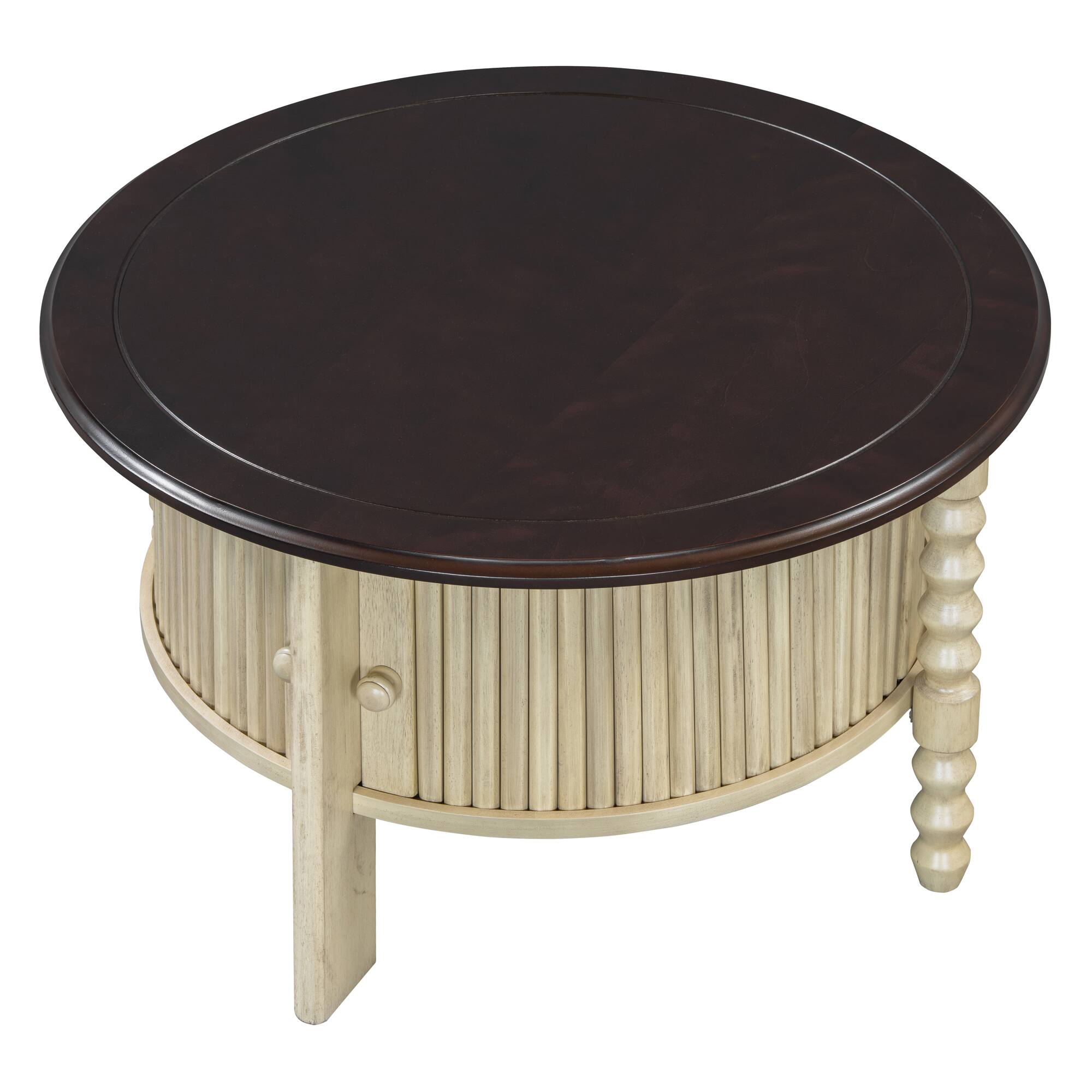 Alt View 6. Bestier - Vintage Round Coffee Table with Storage 30.3 Inch Mid Century Modern Slatted Design Accent Table for Small Spaces - Beige.