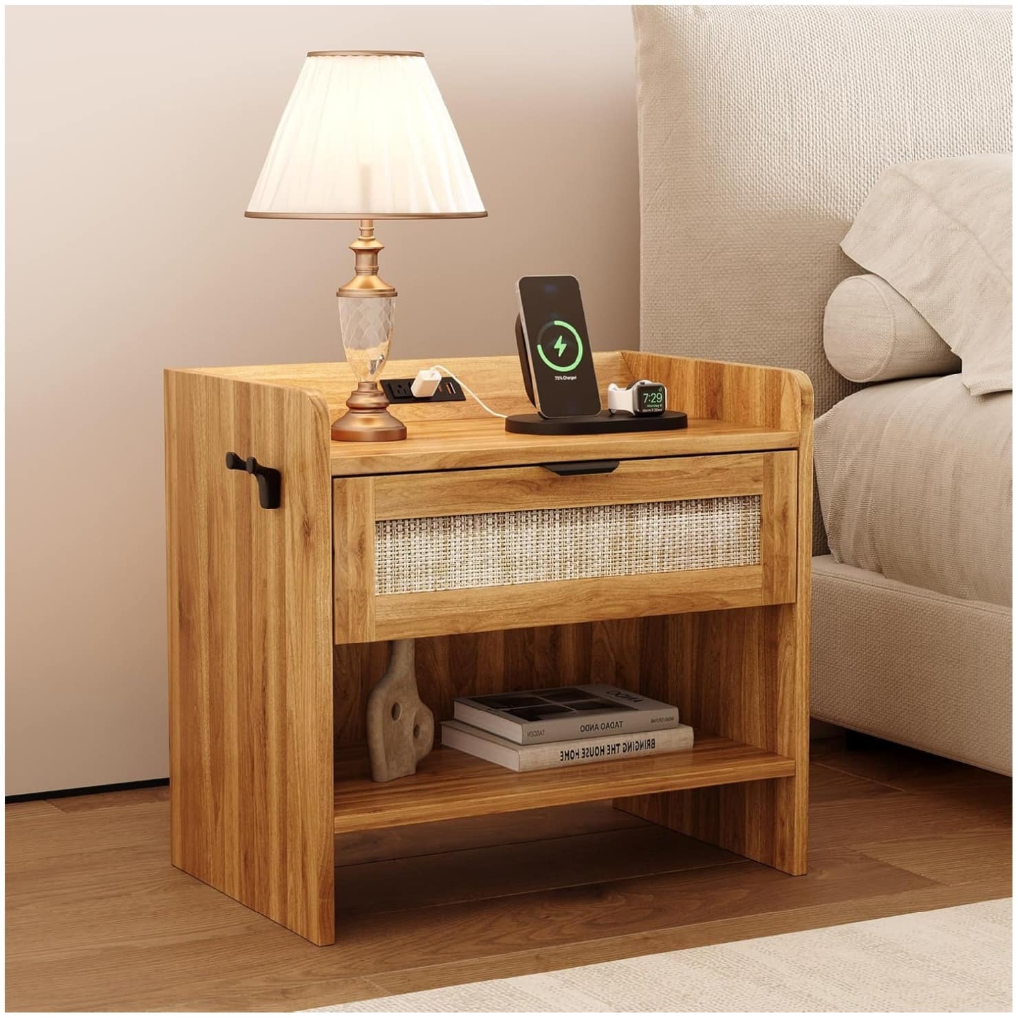 GARVEE - Rattan Nightstand, Bedside Table with Type-C Charging Station - 1 Storage Drawer & Open Storage Space, Brown 1pcs - Walnut