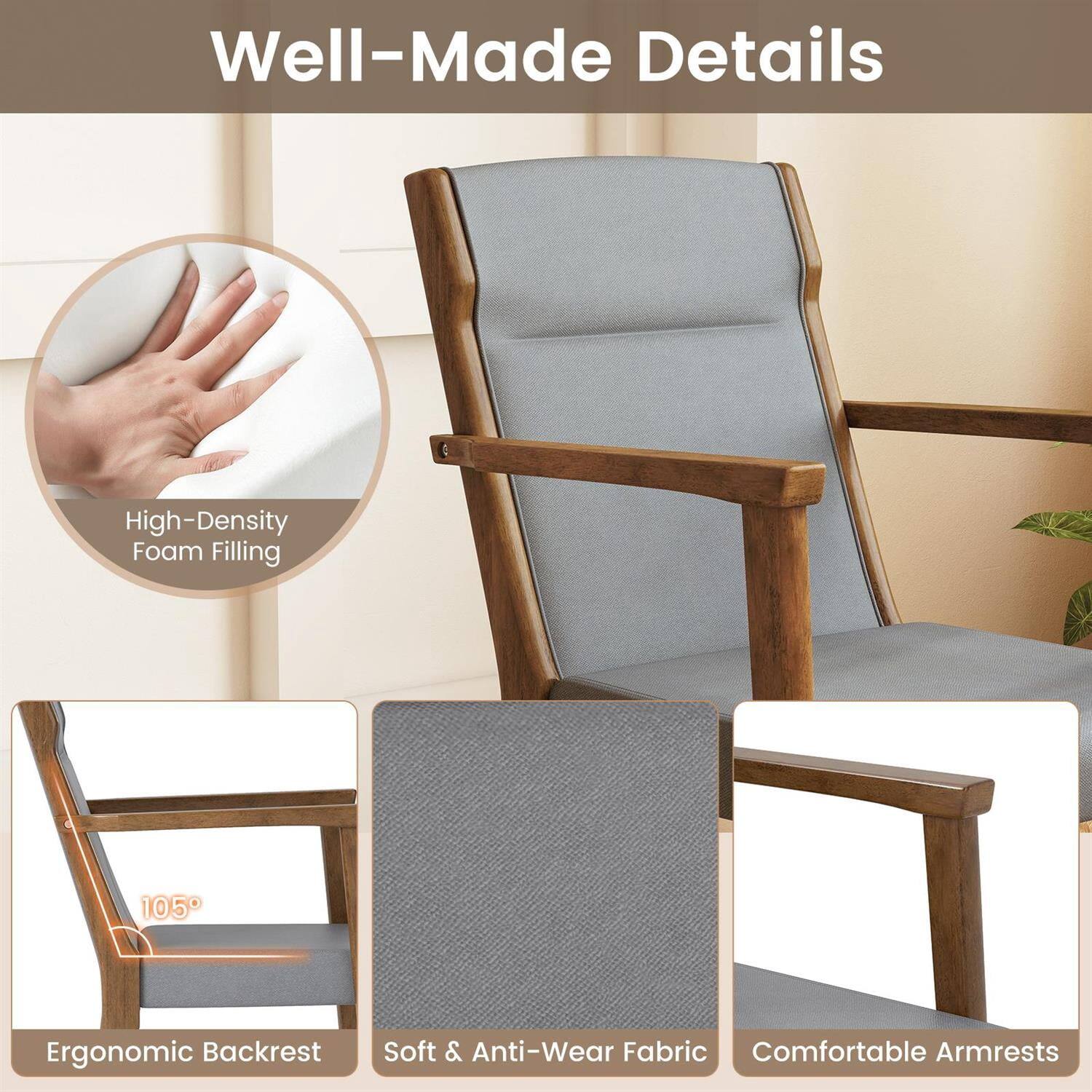 Well-Made Details

- High-Density Foam Filling
- Ergonomic Backrest (105°)
- Soft & Anti-Wear Fabric
- Comfortable Armrests