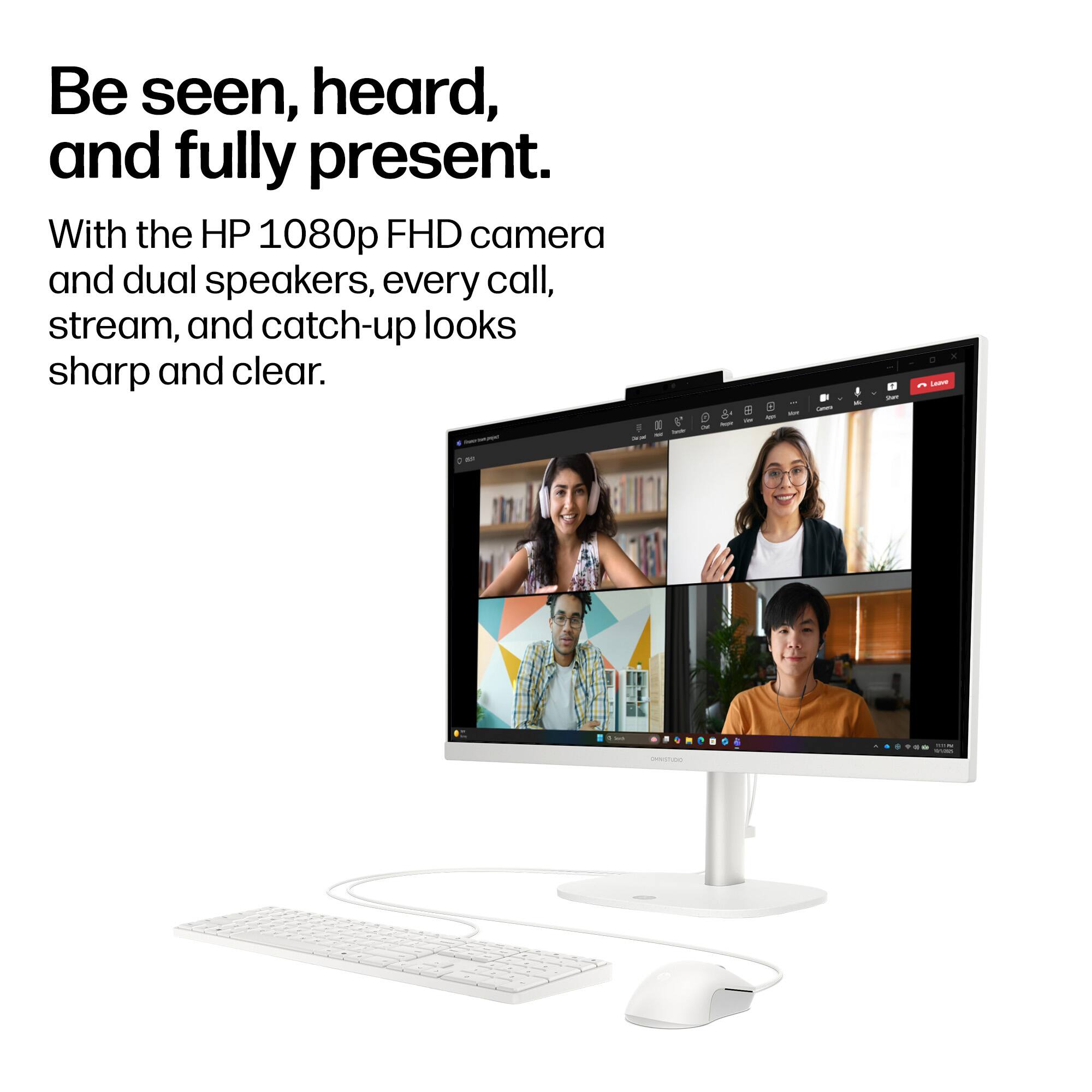 Be seen, heard, and fully present.  
With the HP 1080p FHD camera and dual speakers, every call, stream, and catch-up looks sharp and clear.