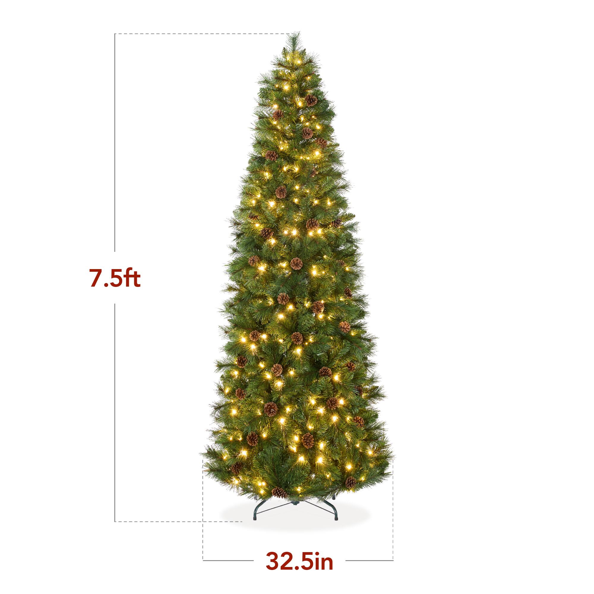 The dimensions of the Christmas tree are 7.5 feet in height and 32.5 inches in width.
