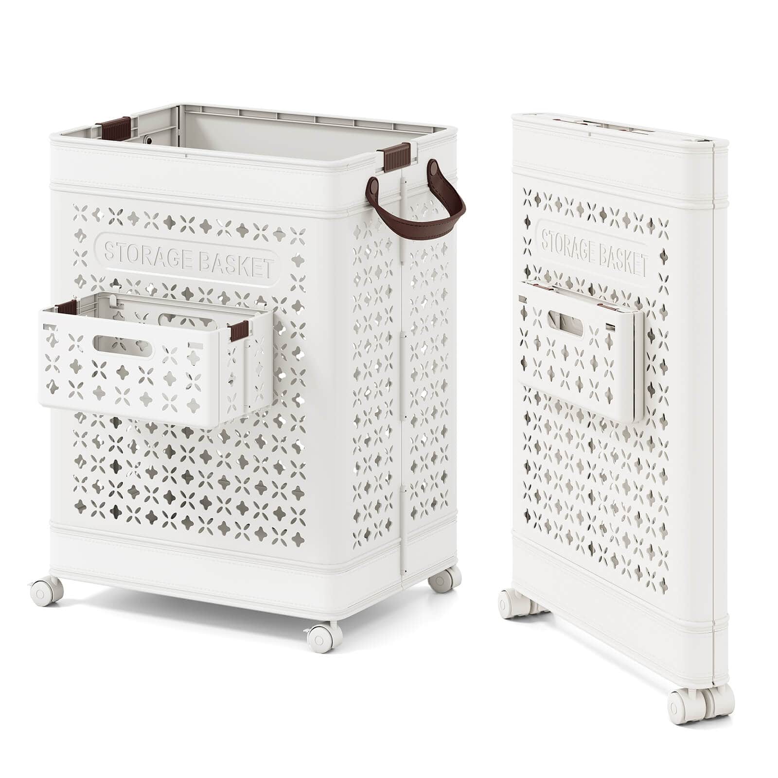 Costway - Collapsible Laundry Basket Movable Laundry Cart with Side Basket, Lockable Wheels - White