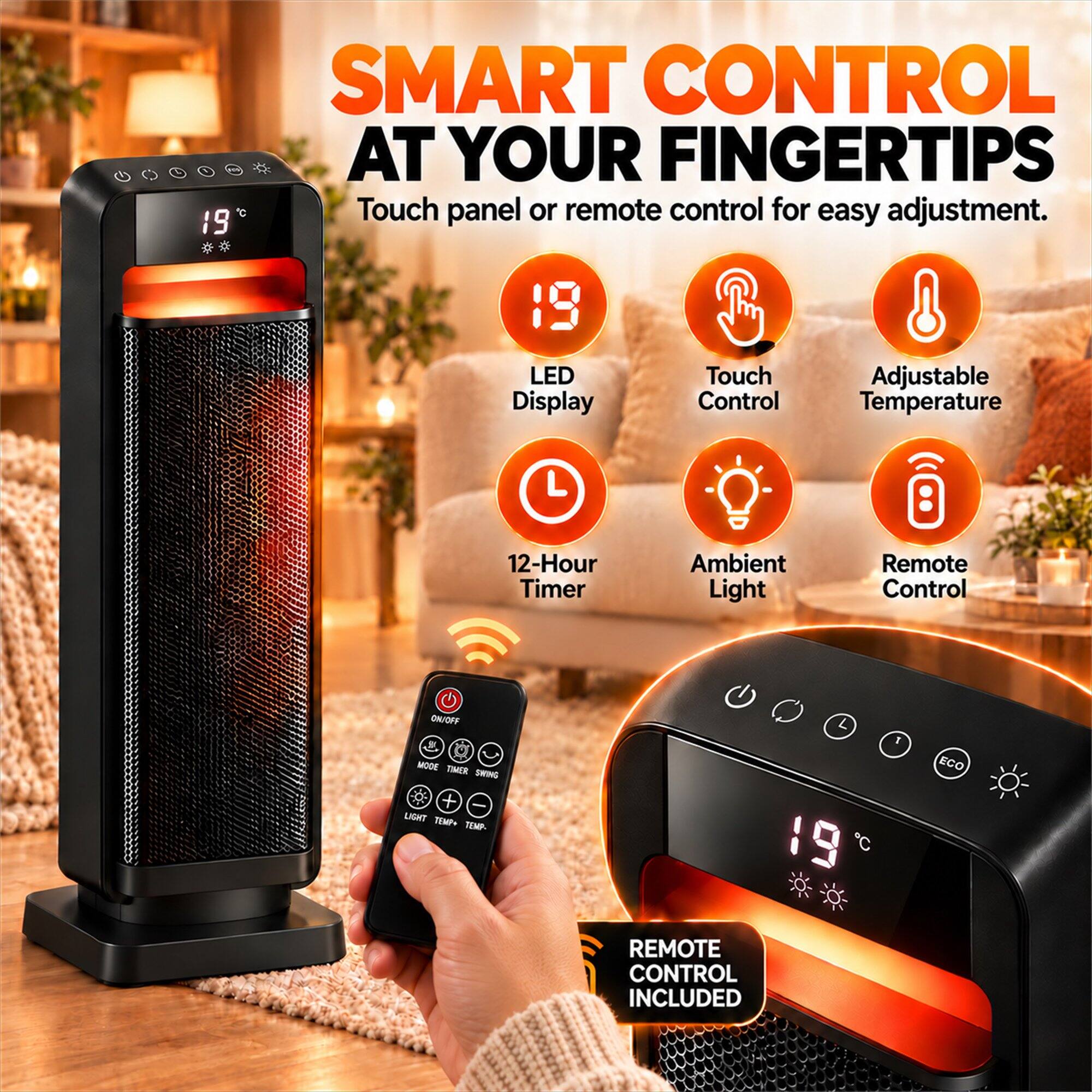 SMART CONTROL AT YOUR FINGERTIPS  
Touch panel or remote control for easy adjustment.  

- LED Display  
- Touch Control  
- Adjustable Temperature  
- 12-Hour Timer  
- Ambient Light  
- Remote Control  

ON/OFF MODE TIMER SWING + LIGHT TEMP. TEMP-  
L 19  
I  
ECO  

REMOTE CONTROL INCLUDED