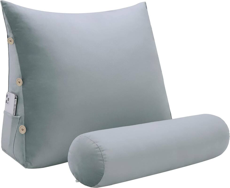 Front. wowmax - Reading Pillow for Adults - Lumbar Support Cushion for Bed & Sofa (Grey Velvet) - Grey-Velvet.