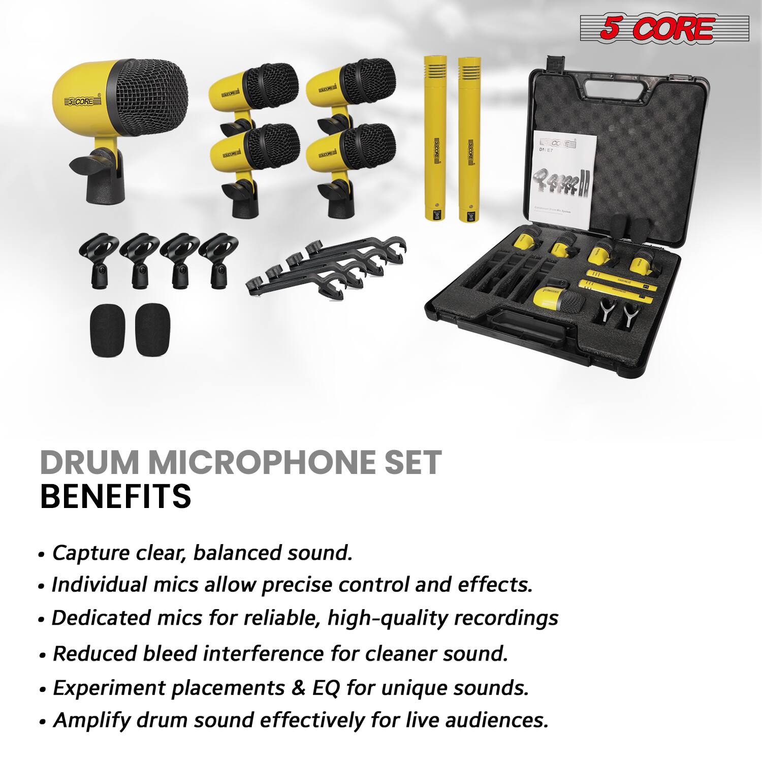 5 CORE

DRUM MICROPHONE SET

BENEFITS

- Capture clear, balanced sound.
- Individual mics allow precise control and effects.
- Dedicated mics for reliable, high-quality recordings.
- Reduced bleed interference for cleaner sound.
- Experiment placements & EQ for unique sounds.
- Amplify drum sound effectively for live audiences.