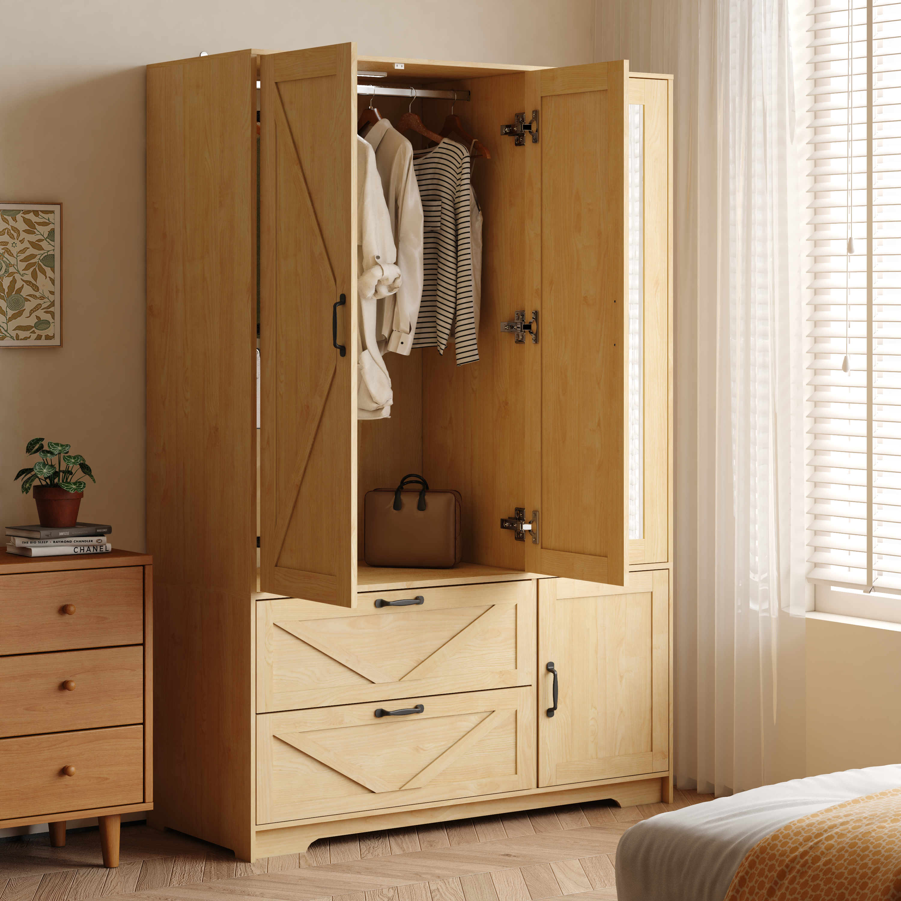Back. MERAVOM - Wardrobe Closet with Mirror, 4 Doors and 2 Drawers, Wooden Wardrobe Storage Cabinet with Hanging Rod, Adjustable Shelves - Natural.