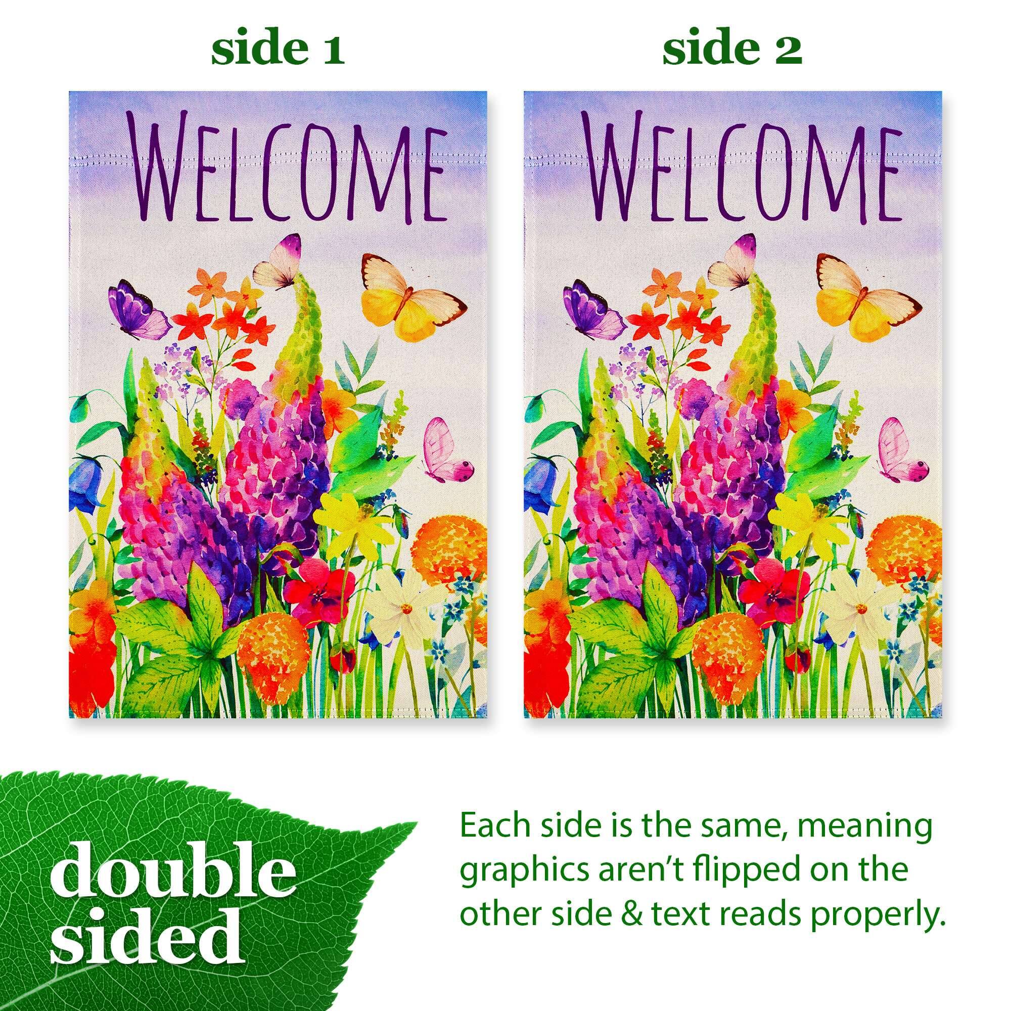 side 1 side 2 WELCOME WELCOME double sided Each side is the same, meaning graphics aren't flipped on the other side & text reads properly.